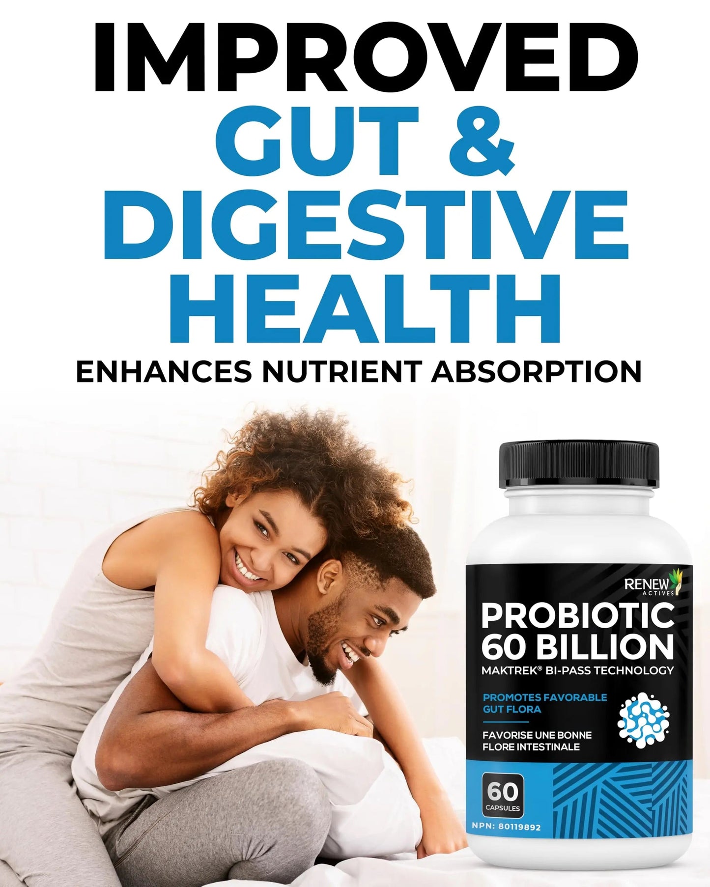 Renew Actives Probiotic Supplement for Digestive Health 60 Billion CFU per 2 Capsules - Advanced Formula with Prebiotic Benefits - Supports Gut Flora Balance & Wellness - Made in Canada - 60 Capsules Renew Actives