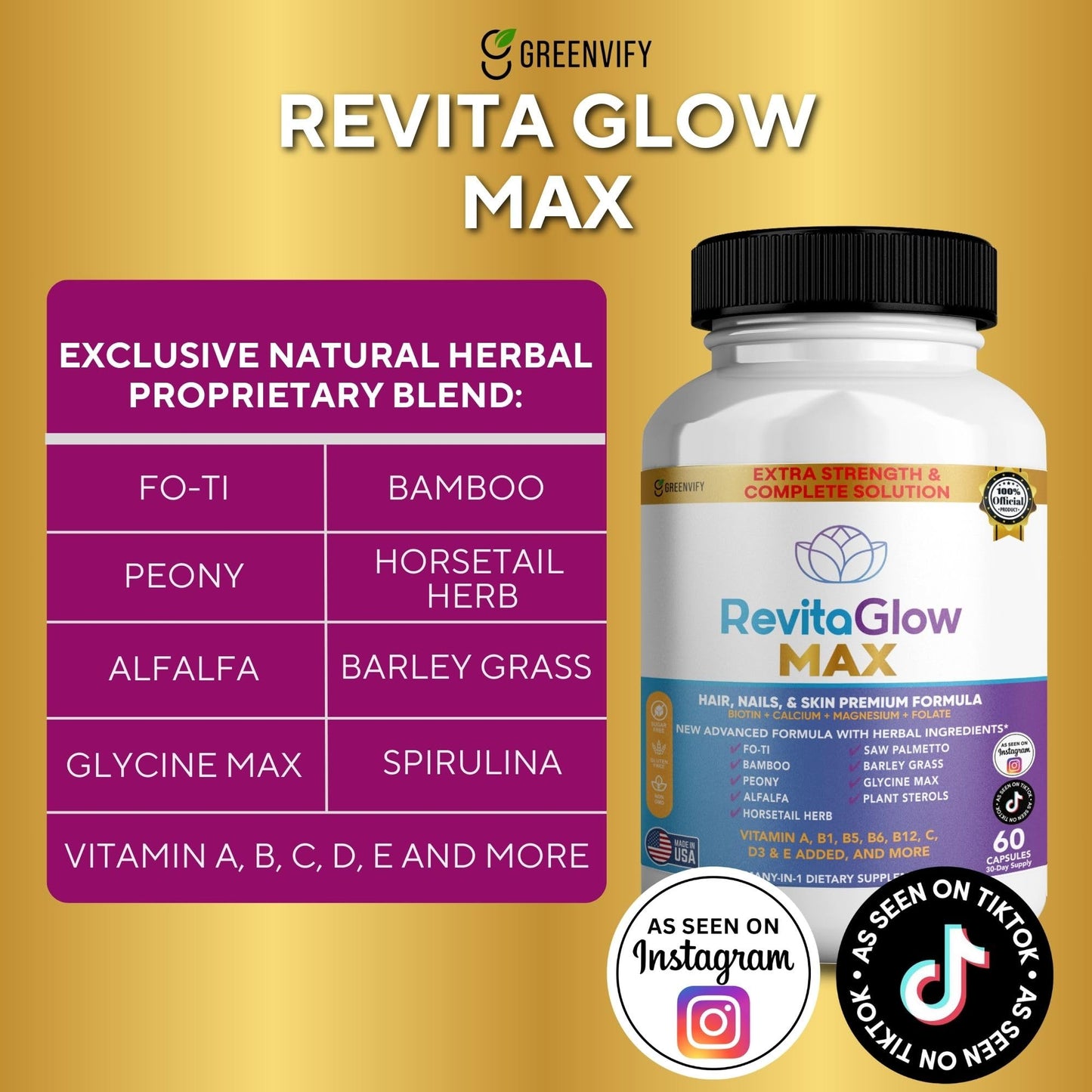 GREENVIFY RevitaGlow Max Hair, Nails & Skin Premium Formula, 60 Capsules, 30-Day Supply, with Biotin, Vitamins A, B1, B5, B6, B12, C, D3, E (1) GREENVIFY