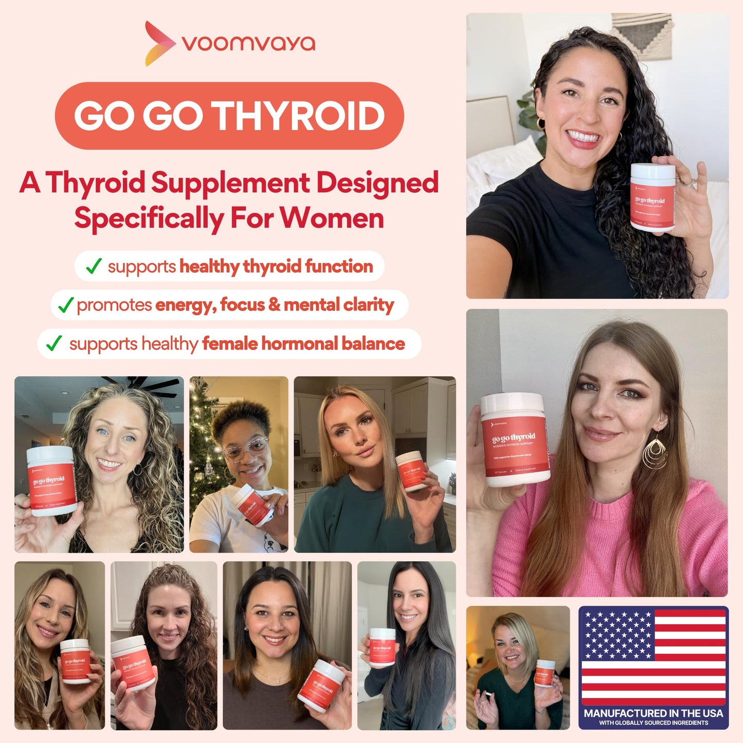 VoomVaya Go Go Thyroid - Thyroid Support for Women 30+ - Female-Focused Hormonal Balance & Thyroid Supplement with Iodine, Selenium & L Tyrosine - 3rd Party Tested - 60 Capsules VoomVaya