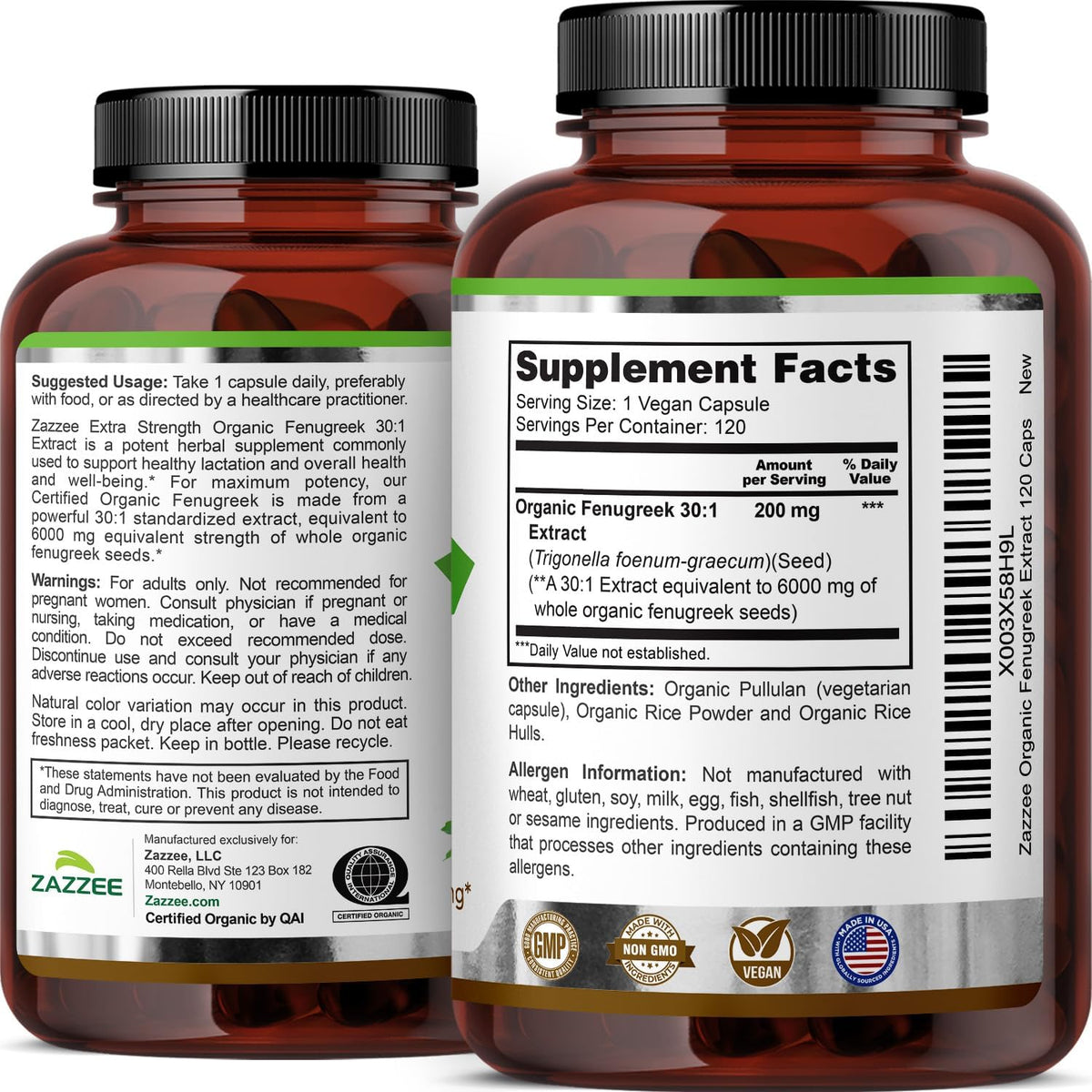 Zazzee USDA Organic Fenugreek 30:1 Extract, 120 Capsules, 4 Month Supply | Vegan, Breastfeeding & Lactation Support for Nursing Mothers, Organic Herbal Supplement, All-Natural, Non-GMO, Made in USA Gsupps Australia