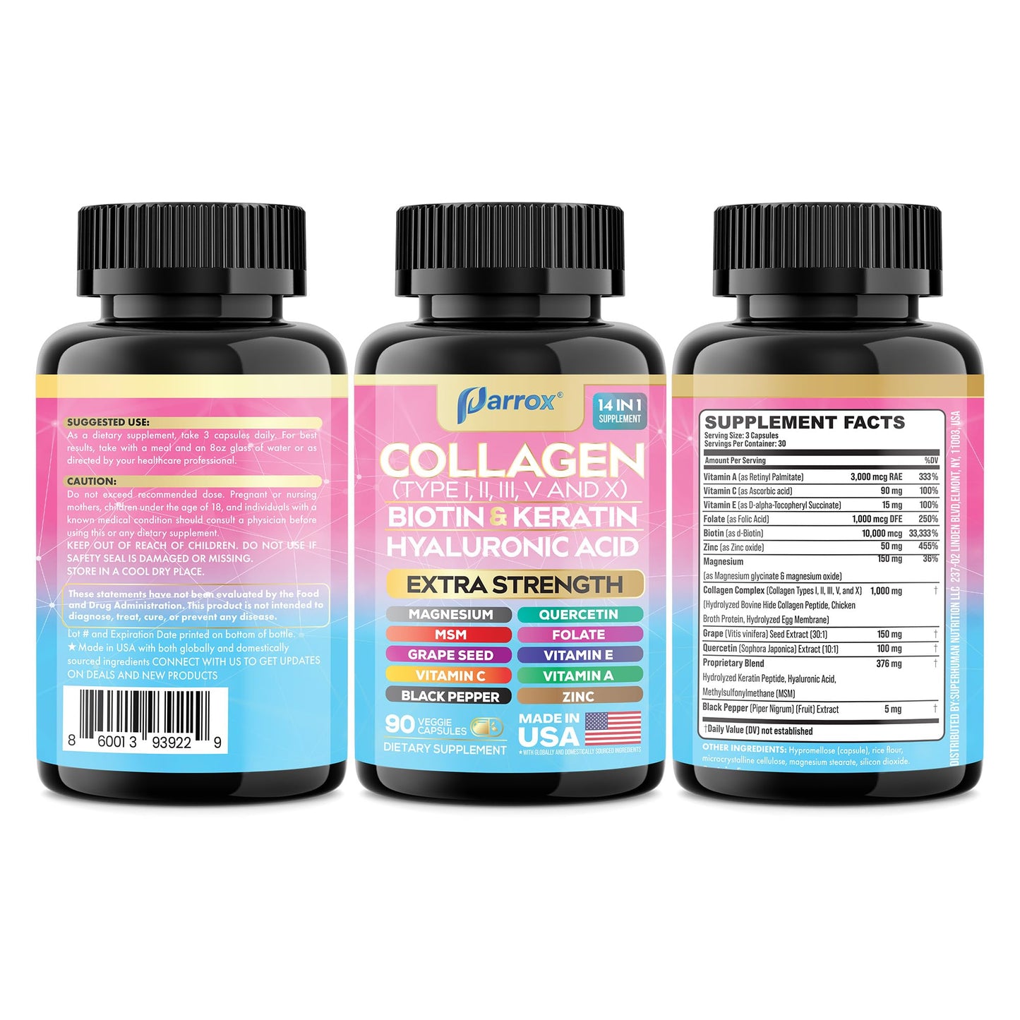 Parrox Collagen Peptides Types I, II, III, V & X, MCG Biotin, Keratin, Hyaluronic Acid, MSM, Zinc, Grape Seed Extract, Quercetin, Vitamin A, Vitamin C, Parrox