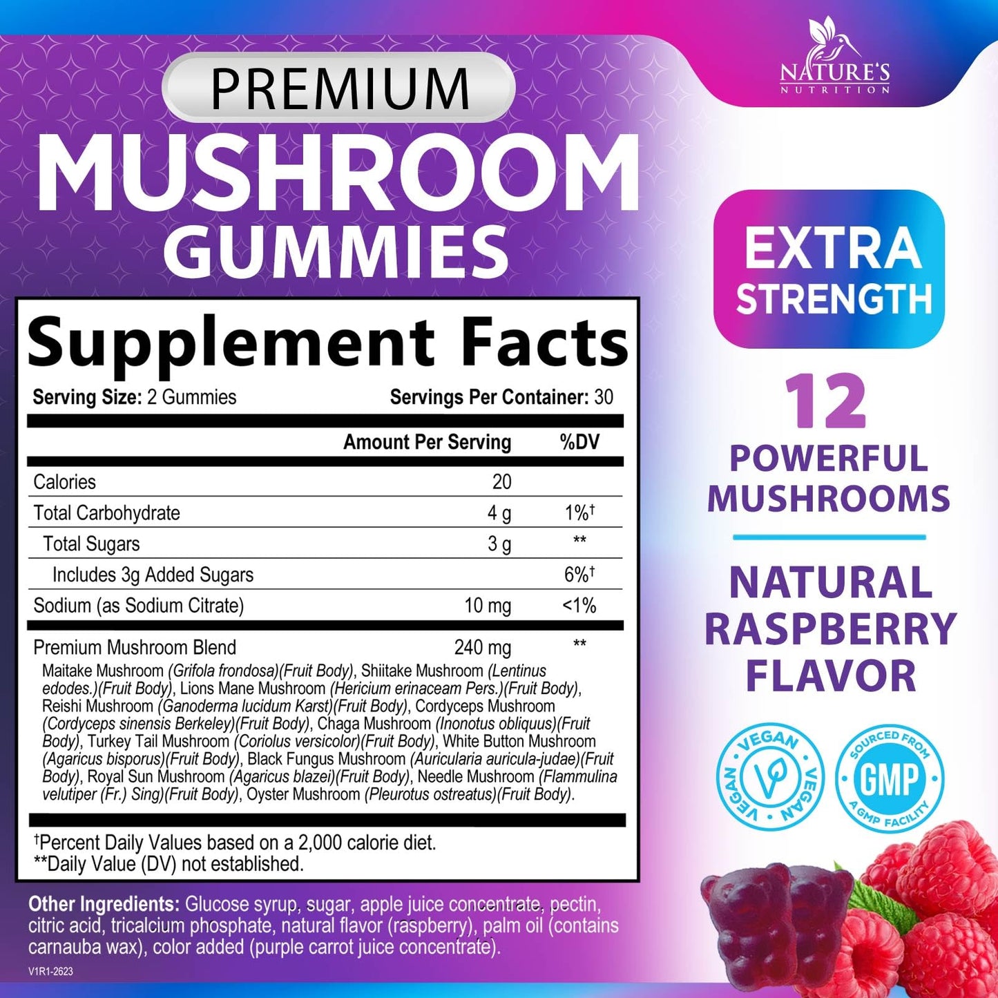 Mushroom Gummies Supplement 12 in 1 - High Grade Blend for Adults with Lions Mane, Reishi, Cordyceps, & Chaga Mushroom Complex Gummy, Memory & Immune Support & Nootropic Brain Supplements - 60 Gummies Nature's Nutrition