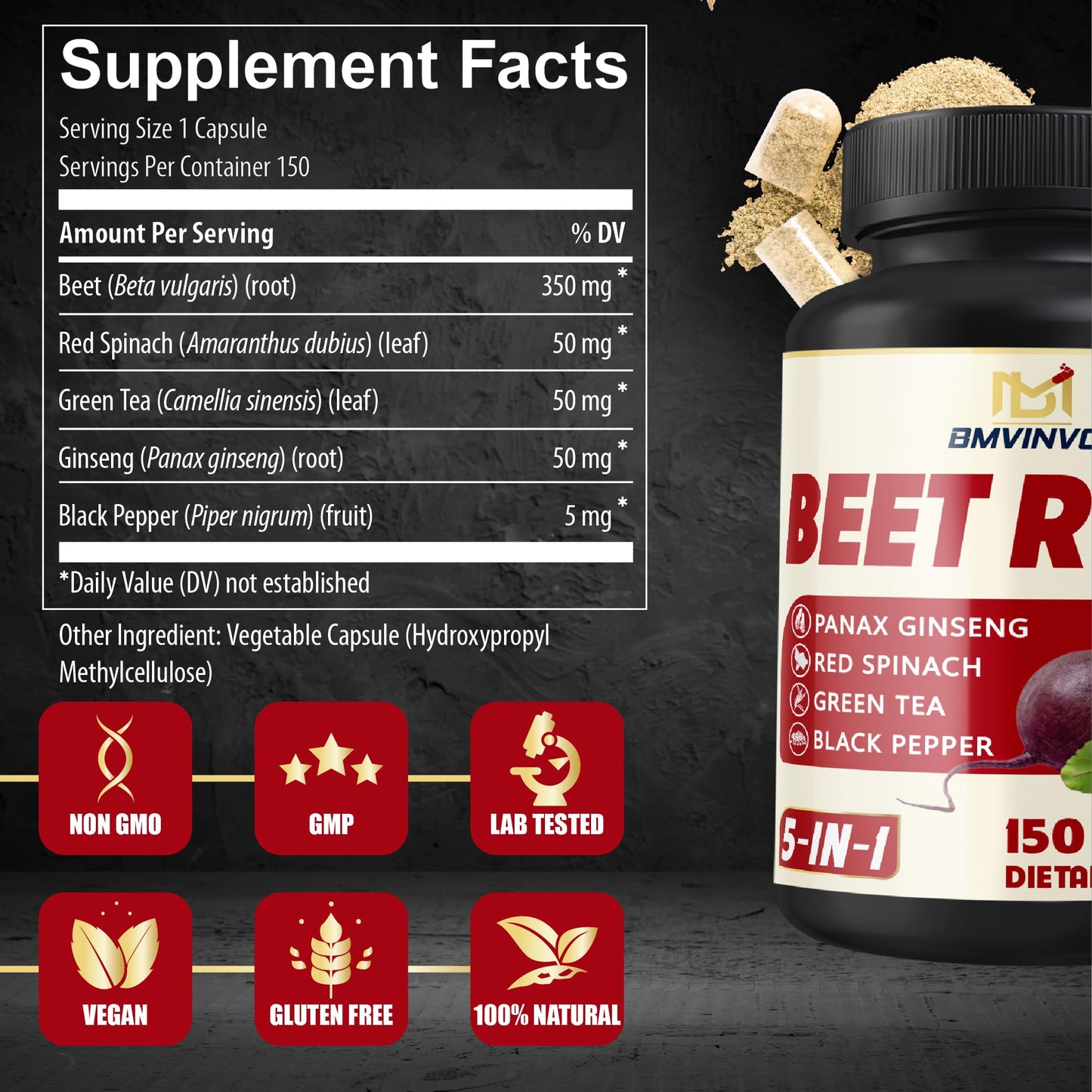 Beet Root, Green Tea, Red Spinach, Ginseng, Black Pepper - 150 Capsules - Supports Digestive, Immune System, Energy Levels - 5 Month Supply BMVINVOL