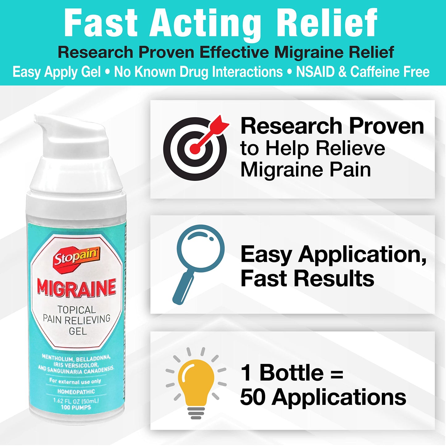 Stopain Migraine Pain Relief Gel Pump, 1.62oz (2 Pack), USA Made, Max Strength Fast Acting Research Proven Effective Topical, No Known Side Effects or Drug Interactions, HSA FSA Approved Products Stopain