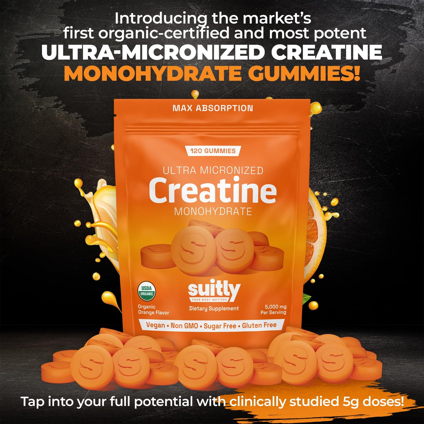 USDA Organic Ultra-Micronized Creatine Gummies for Men & Women; Orange Max Absorption 5g Creatine Gummies Sugar Free for Muscle Gain, Energy & Recovery; Muscle Builder for Women with Pouch - 120 Count Suitly