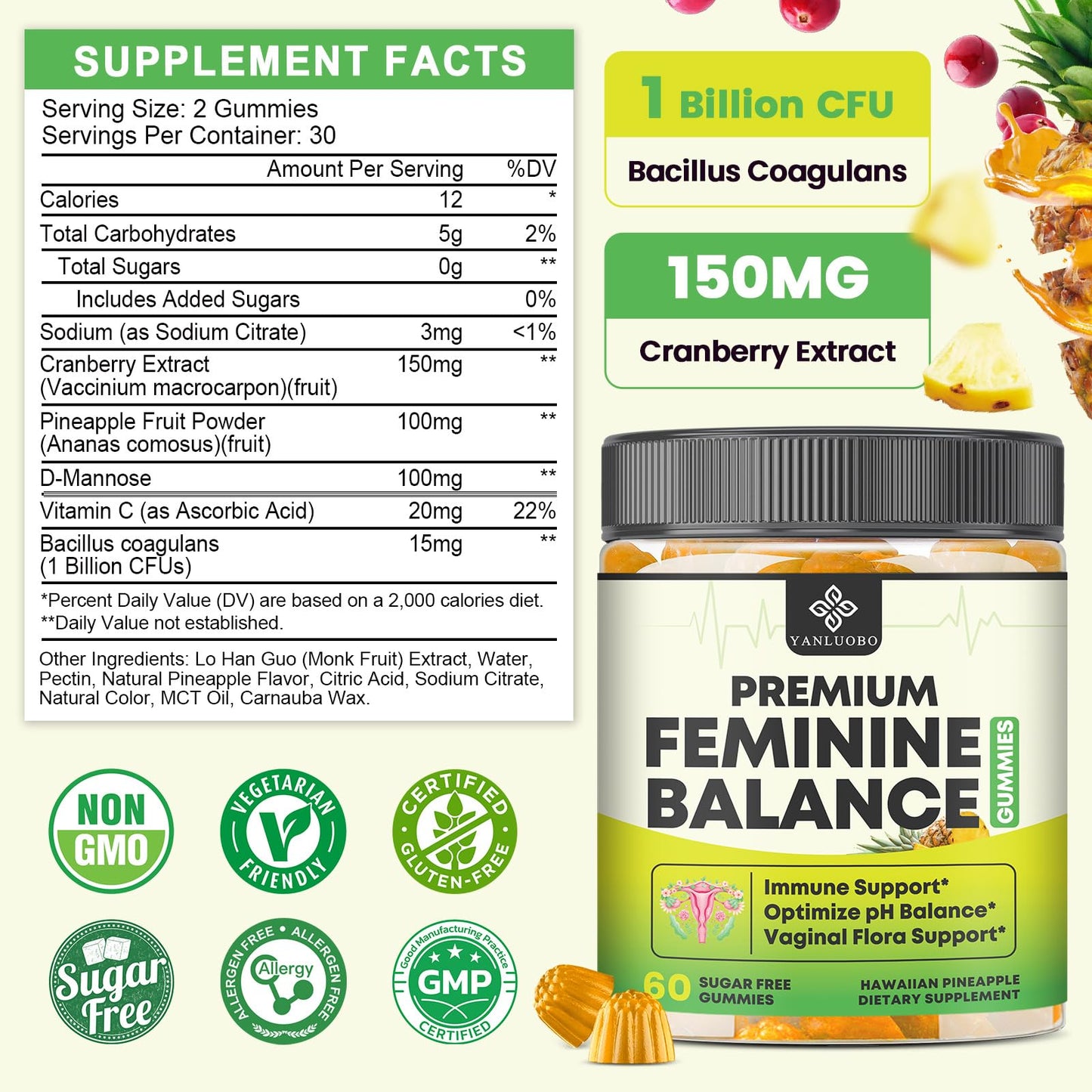 YANLUOBO Feminine Balance Probiotic Gummies - Women's Vaginal Health Support | PH Balance & Odor, Flora, Immune Support | Probiotics for Women, Vegan Pineapple Flavor, 60 Count YANLUOBO