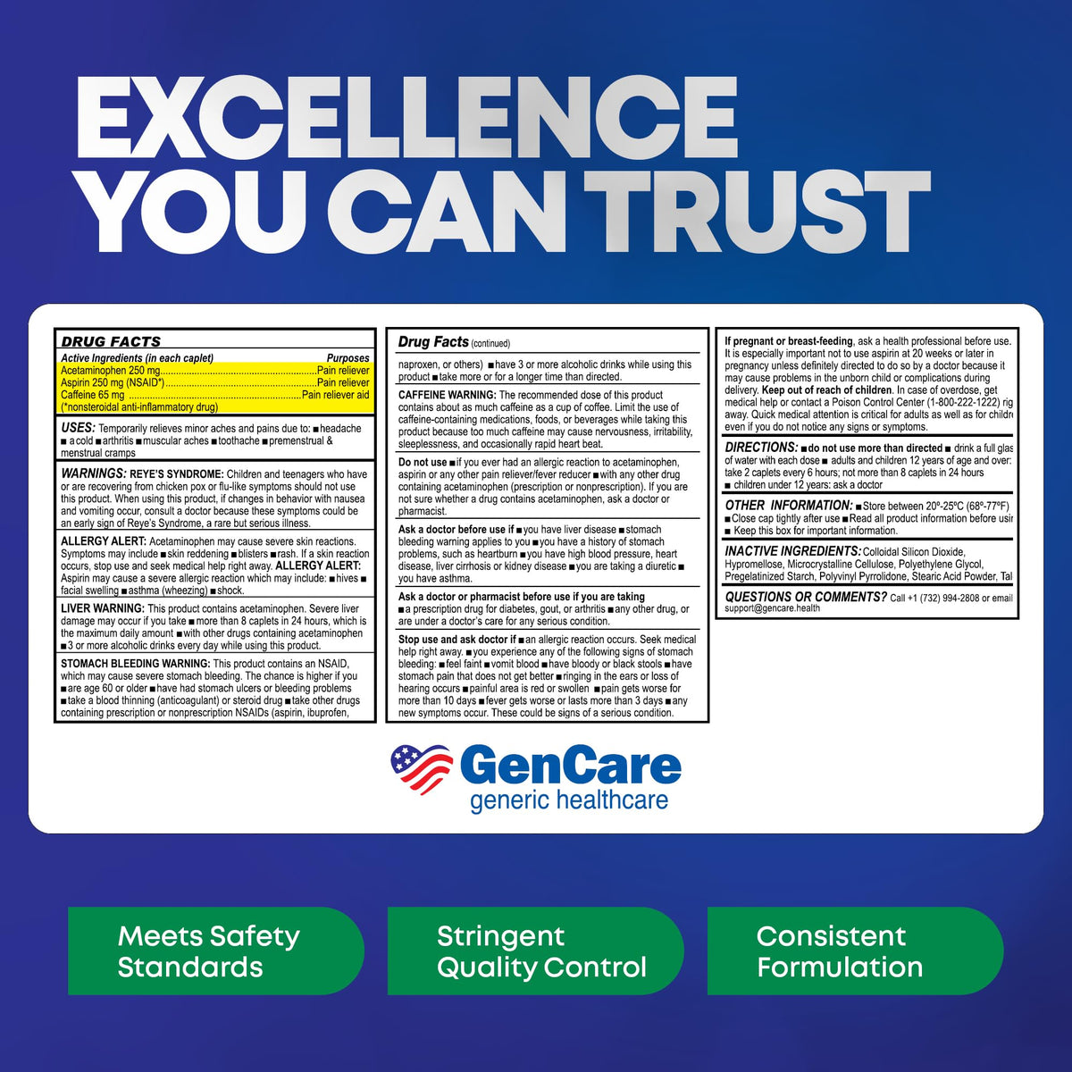 GenCare - Headache Relief Acetaminophen with Aspirin (NSAID) & Caffeine (300 Caplets) Value Pack | Head Pain, Muscle Aches, Back Pain & Body | Generic ExcedrEn Extra Strength GenCare