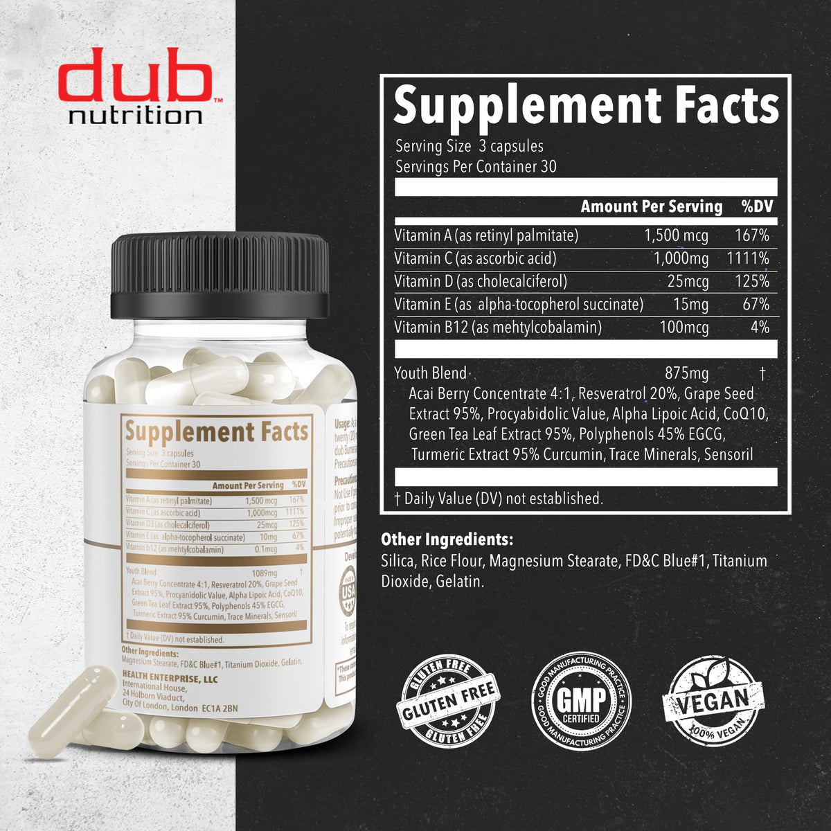 Dub Nutrition Youth - Formula with Acai, Resveratrol, Curcumin, Vitamins A, C, D, E, B12, and CoQ10 - Supports Immunity and Mobility - 90 Capsules Dub Nutrition