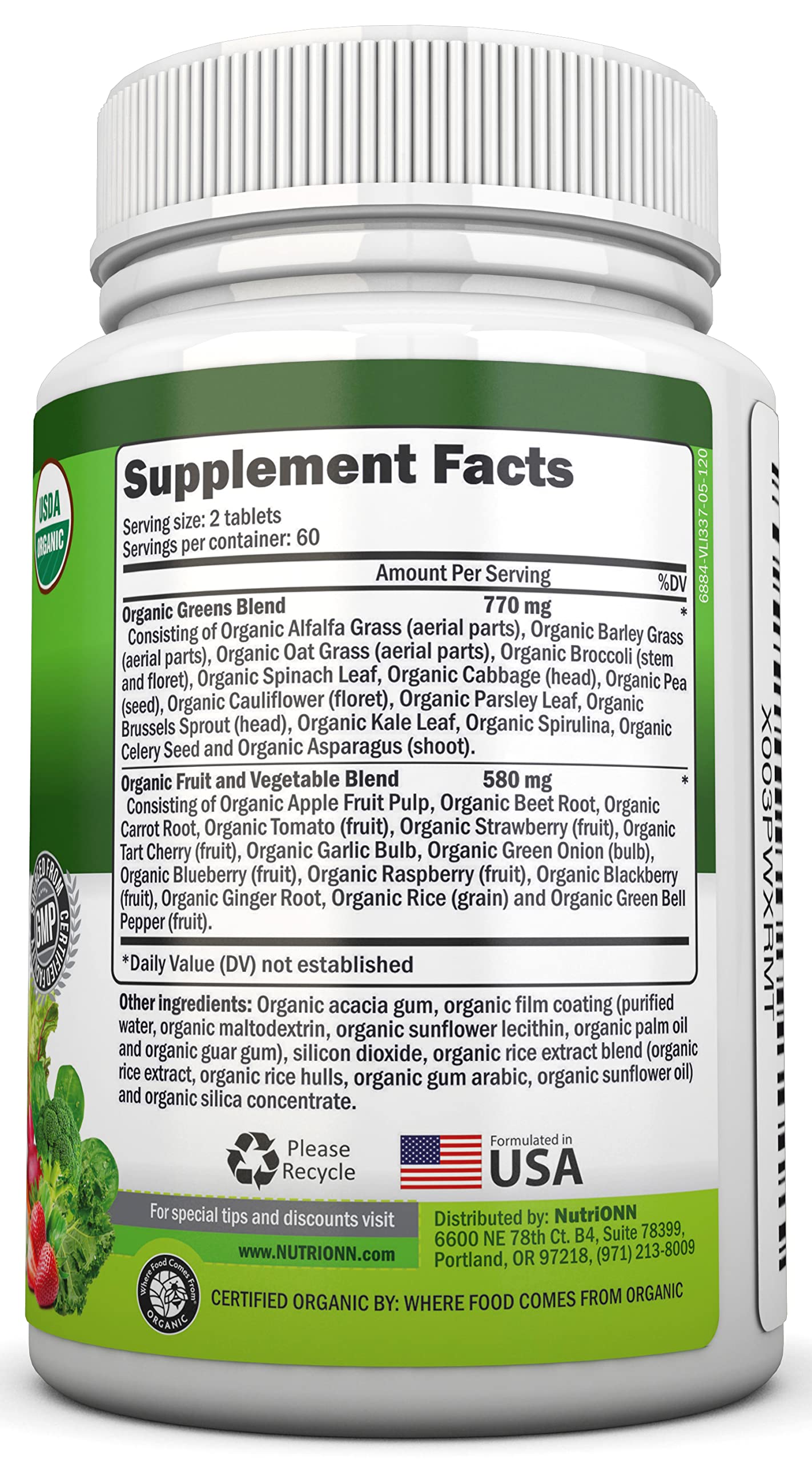 Organic Super Greens Capsules - Fruit And Vegetable Supplements - 120 Count - 28 USDA Organic & Vegan Premium Ingredients - Superfood Blend For Immune Health, Digestion & Energy - Whole Food Vitamins NutriONN