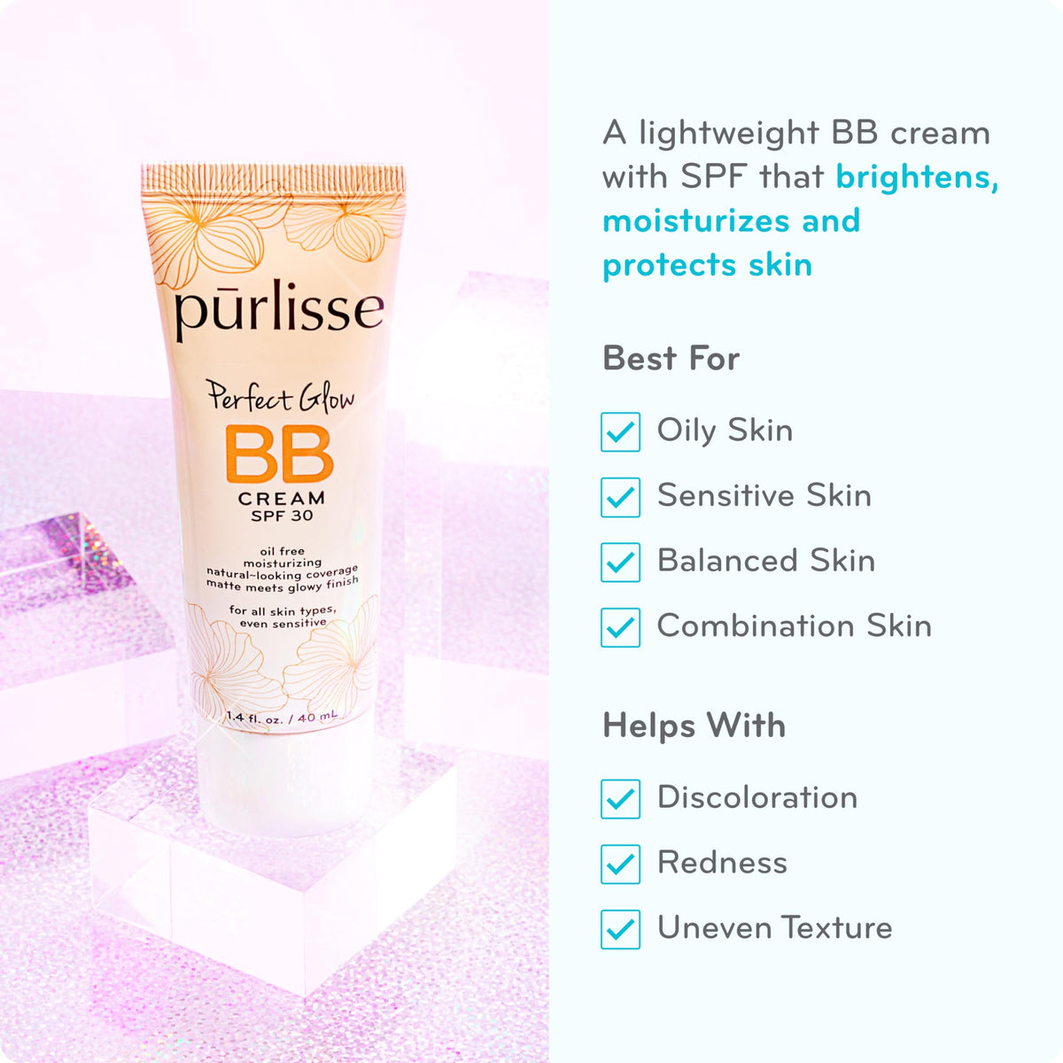 pūrlisse Perfect Glow BB Cream with SPF 30 - Matte Meets Dewy Finish - Enriched with Goji & Hawthorn Berry to Help Improve Skin Texture & Radiance - Medium Golden (1.4 oz) pūrlisse