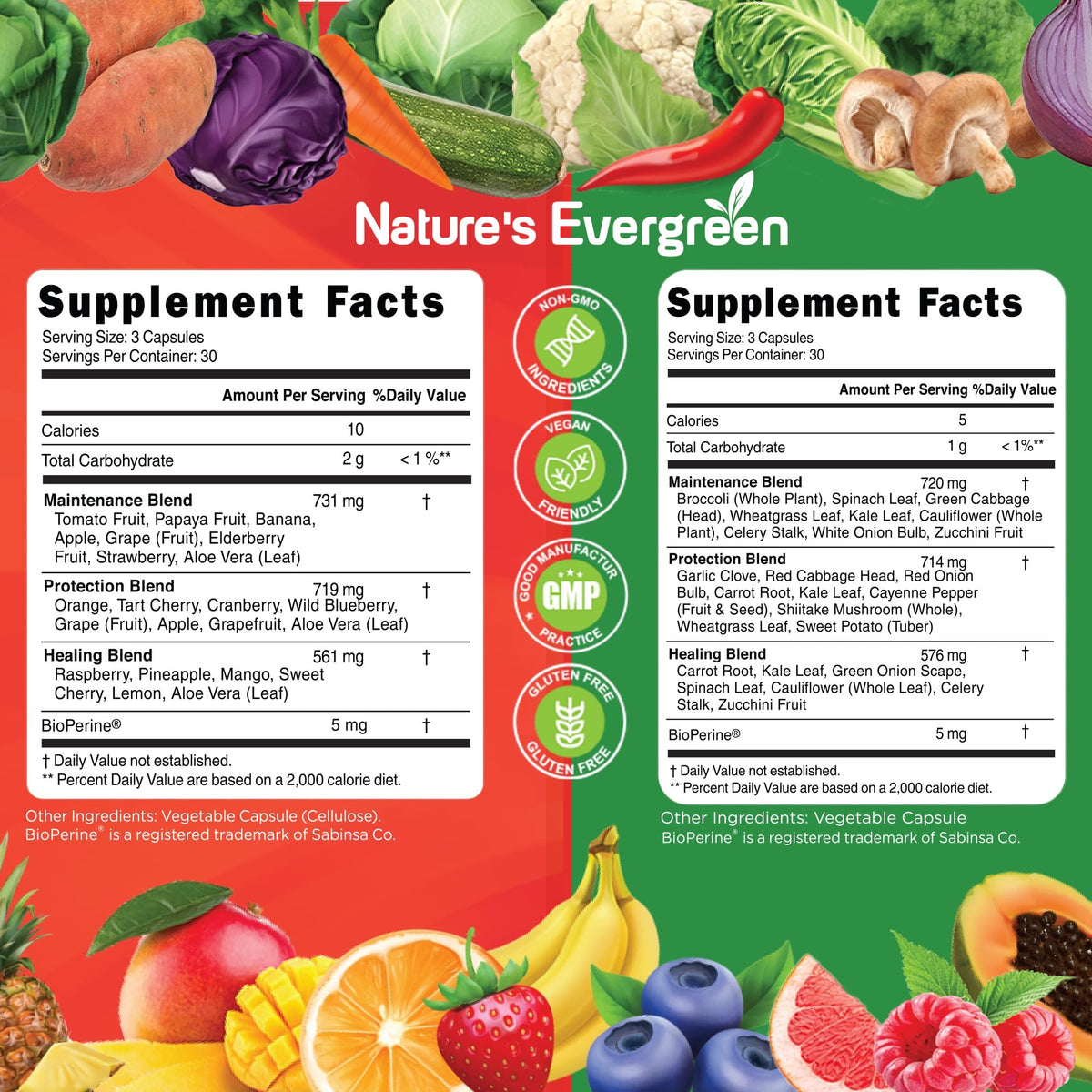Fruits and Veggies Supplement - Nature Fruits and Vegetables Supplements - Vegan, Non GMO, Soy Free, Superfood Vitamins & Minerals Nutritional Balance - (Total 180 Capsules - Pack of 2) Made in USA Nature's Evergreen