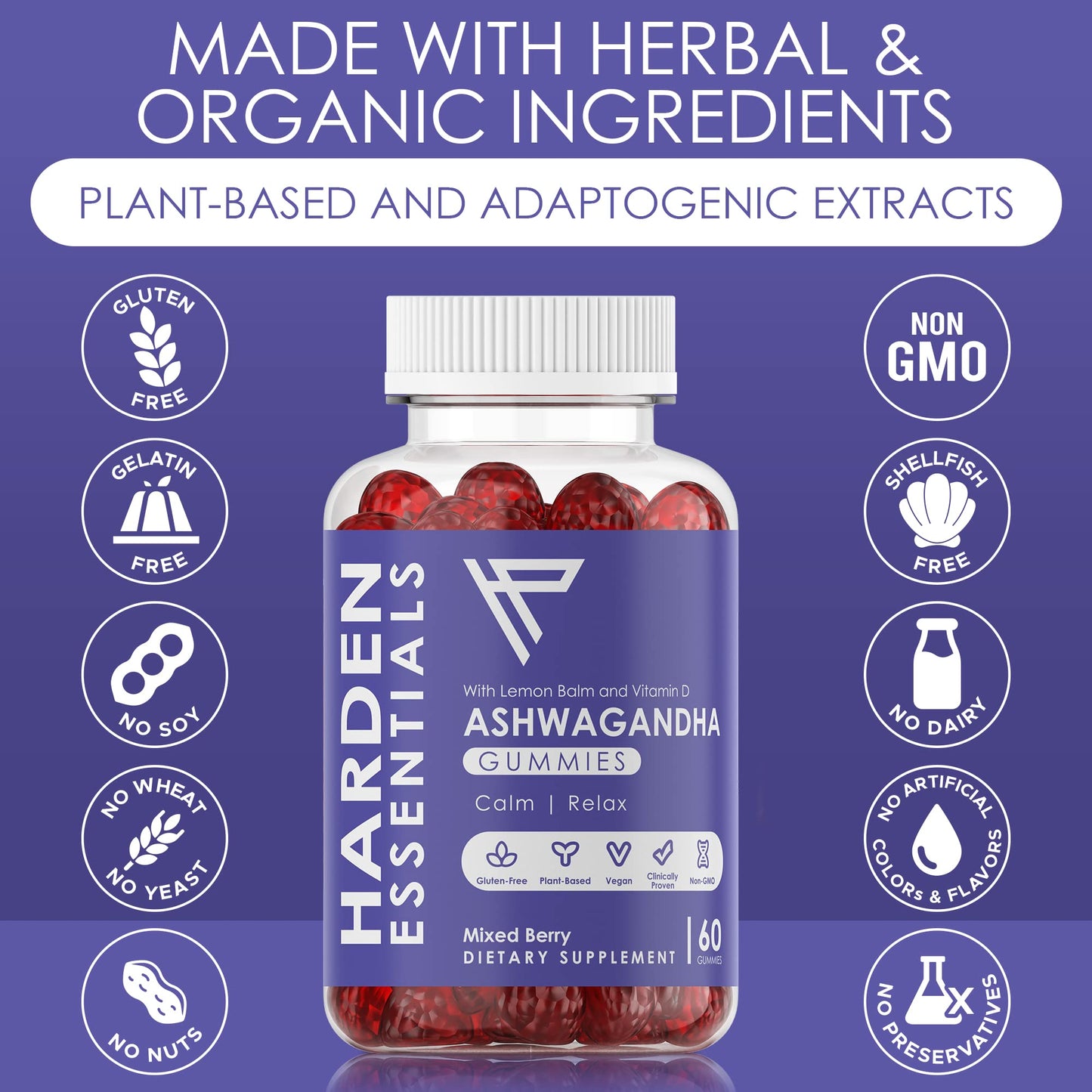 KSM-66 Ashwagandha Gummies 750mg Per Gummy – 1,500mg Per Serving – Stress & Cortisol Support – with Lemon Balm & Vitamin D – 60 Count (30 Day Supply) – Vegan – Harden Essentials Harden essentials