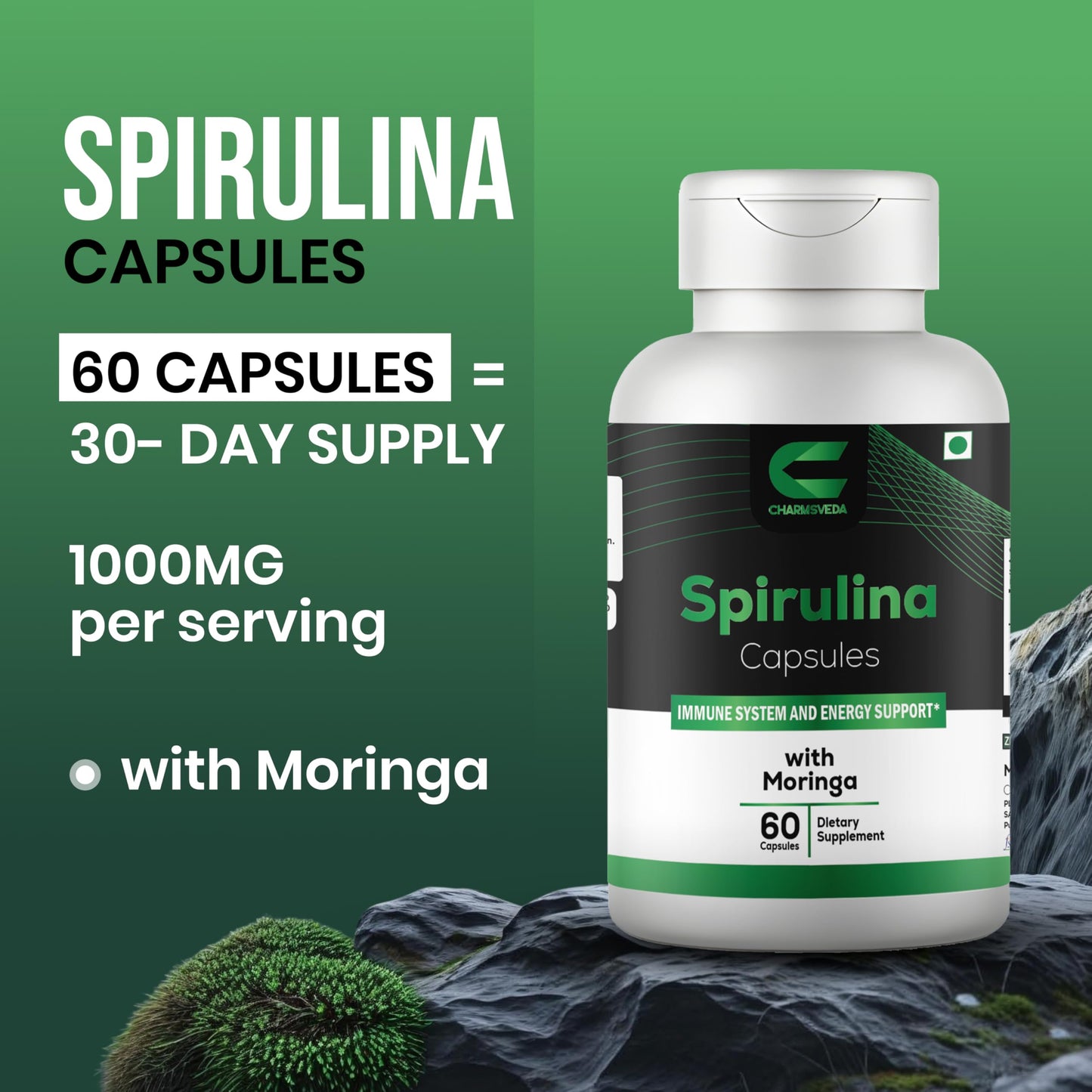 CHARMSVEDA Spirulina Capsules with Moringa – Herbal Immune Support* – 60 Vegan Capsules CHARMSVEDA