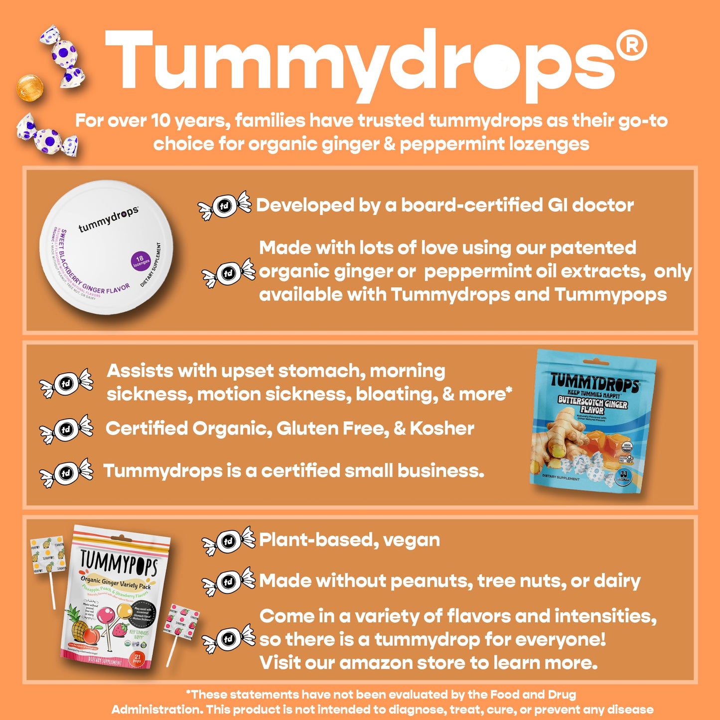 tummy drops No Sugar Crushed Peppermint Flavor, Gluten Free & Vegan, 33 Individually Wrapped Pure Peppermint Oil Lozenges Made with Organic Monkfruit tummy drops