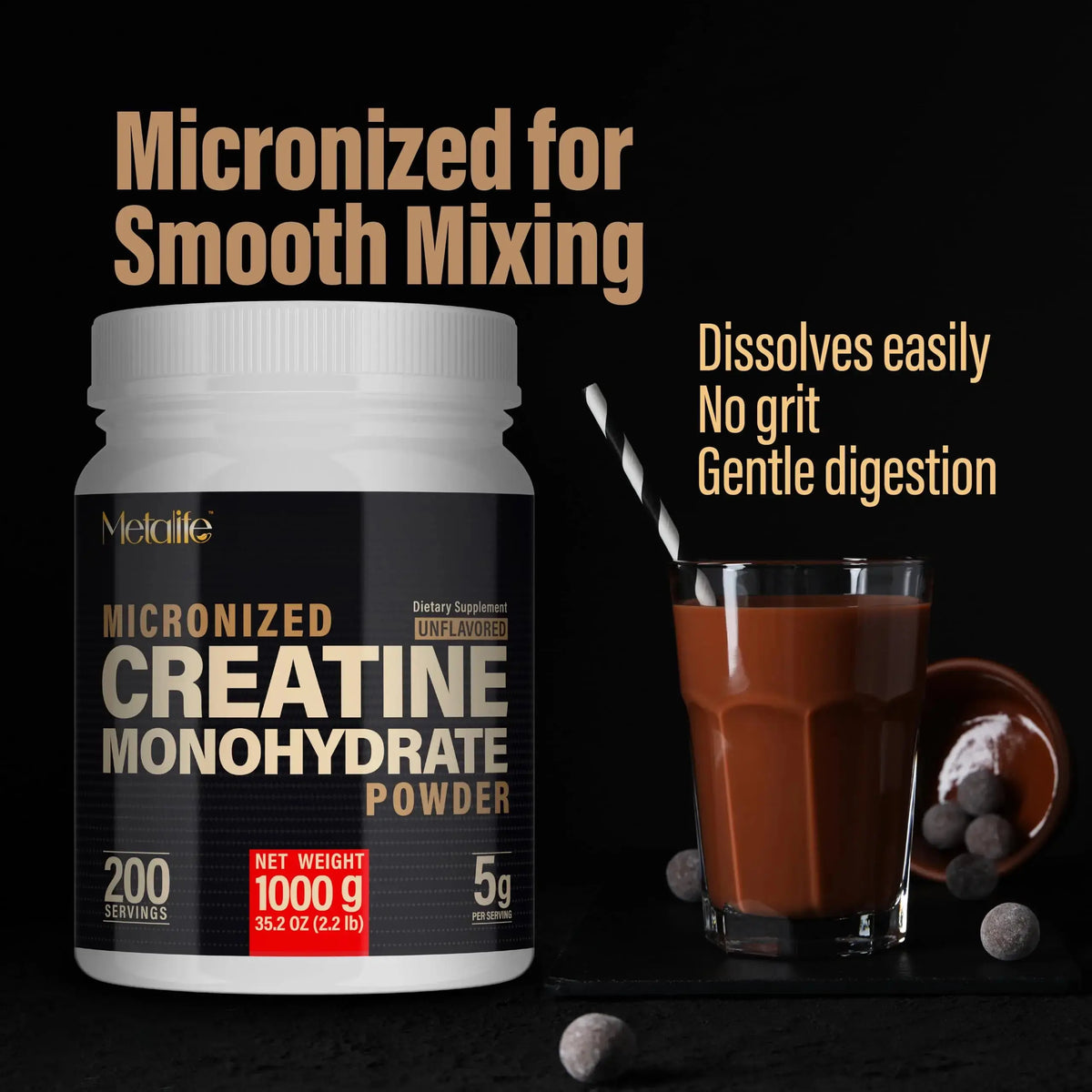 METALIFE 100% Pure Creatine Monohydrate Powder 200 Servings, Micronized Powder, Muscle Growth, Unflavored, Ideal for Athletes & Fitness Enthusiasts, METALIFE