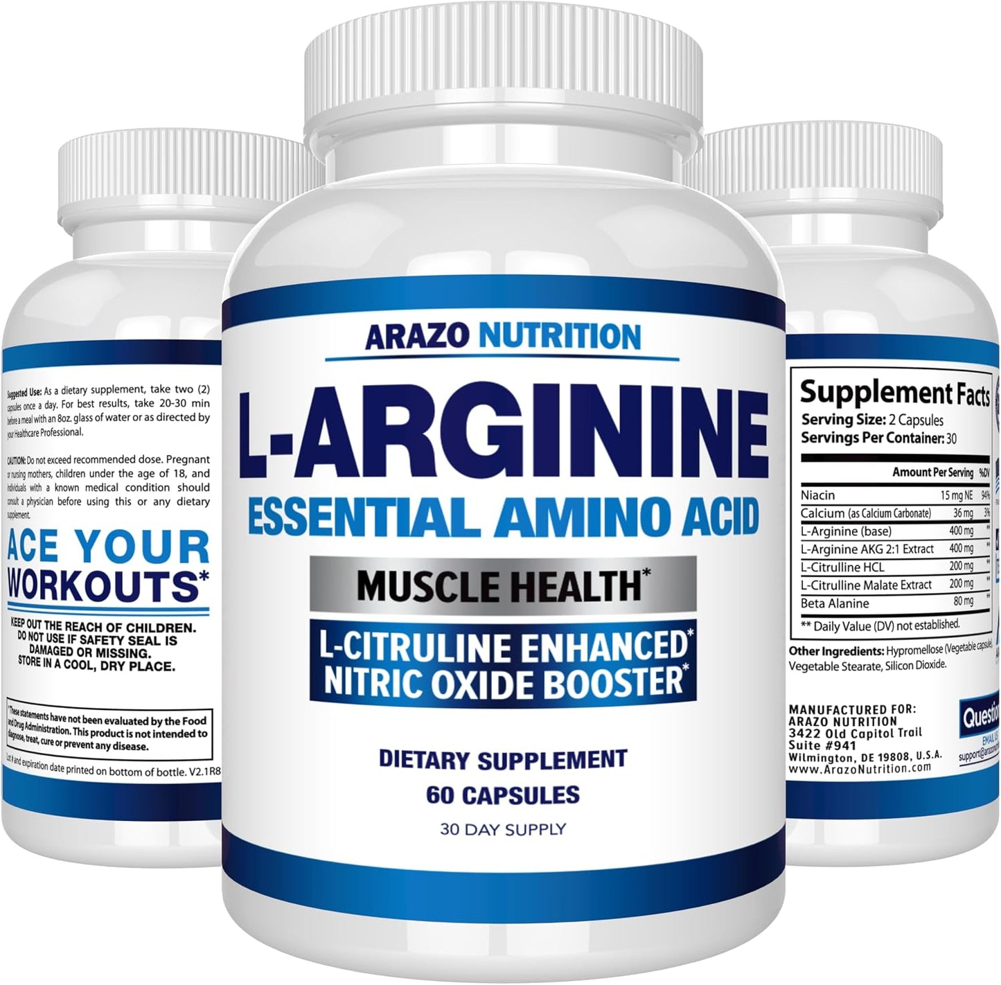 Arazo Nutrition Premium L Arginine - 1340mg Nitric Oxide Booster with L-Citrulline & Essential Amino Acids for Muscle Gain and Energy - Powerful NO Booster to Train Longer & Harder – 60 Capsules Gsupps Australia