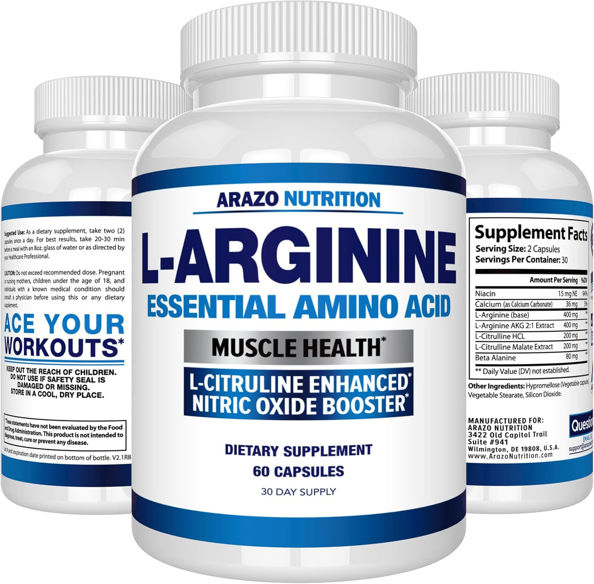 Arazo Nutrition Premium L Arginine - 1340mg Nitric Oxide Booster with L-Citrulline & Essential Amino Acids for Muscle Gain and Energy - Powerful NO Booster to Train Longer & Harder – 60 Capsules Gsupps Australia