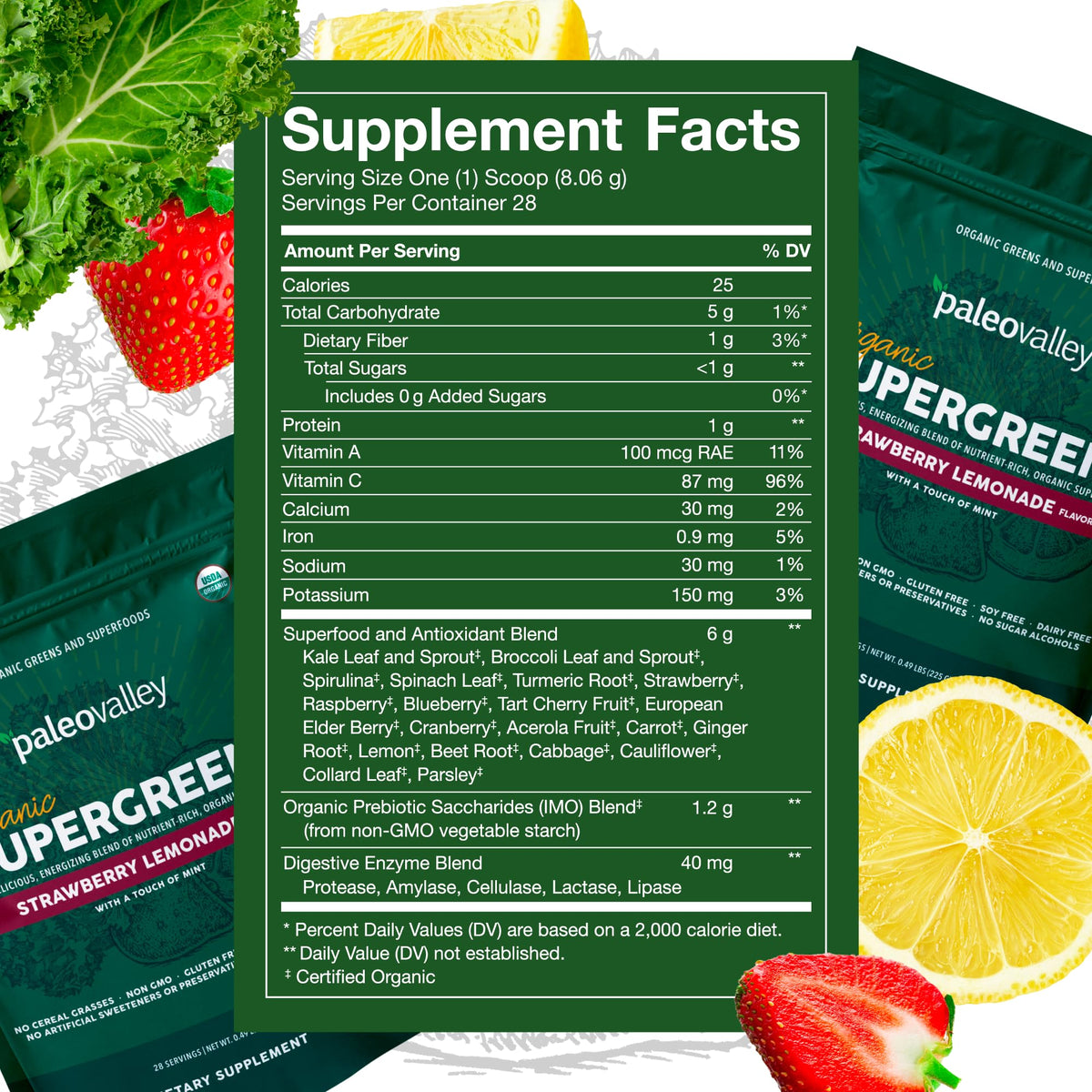 Paleovalley Organic Supergreens - Organic Greens Powder Superfood for Immune Support - Paleo Green Powder Blend - 28 Servings - 23 Superfoods - Gluten Free, No Cereal Grasses, Soy or Grain Paleovalley
