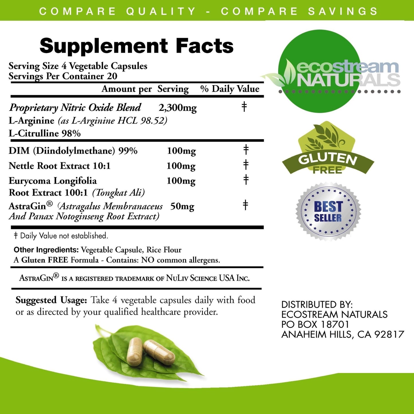 ecostream Naturals MAX 2650mg Nitric Oxide Booster L-Arginine - L-Citruline and Astragin - Time Release 2650 MAX Formula ecostream Naturals