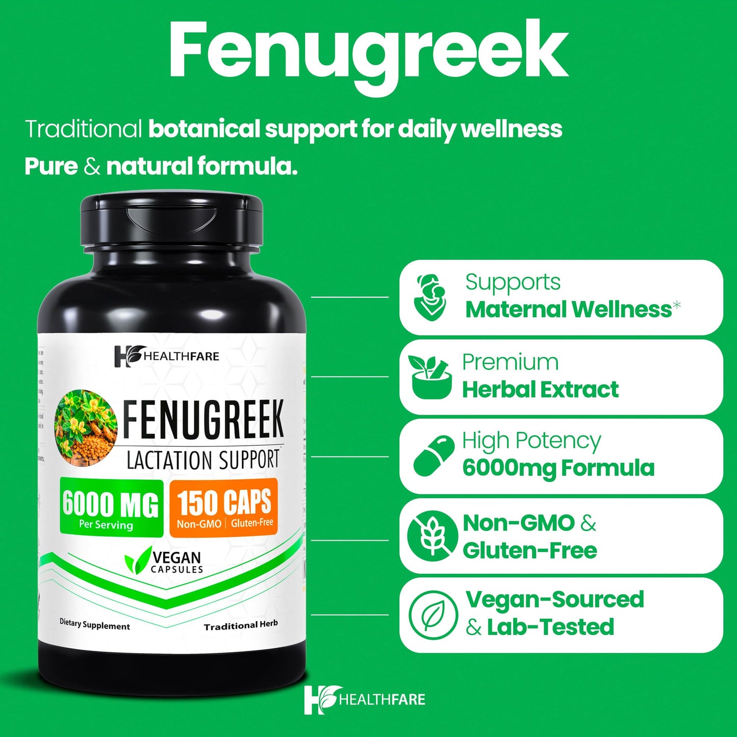 Healthfare Fenugreek Seed Extract 6000mg | 150 Vegan Capsules | Concentrated Herbal Supplement | Non-GMO, Gluten-Free | Made in USA Healthfare