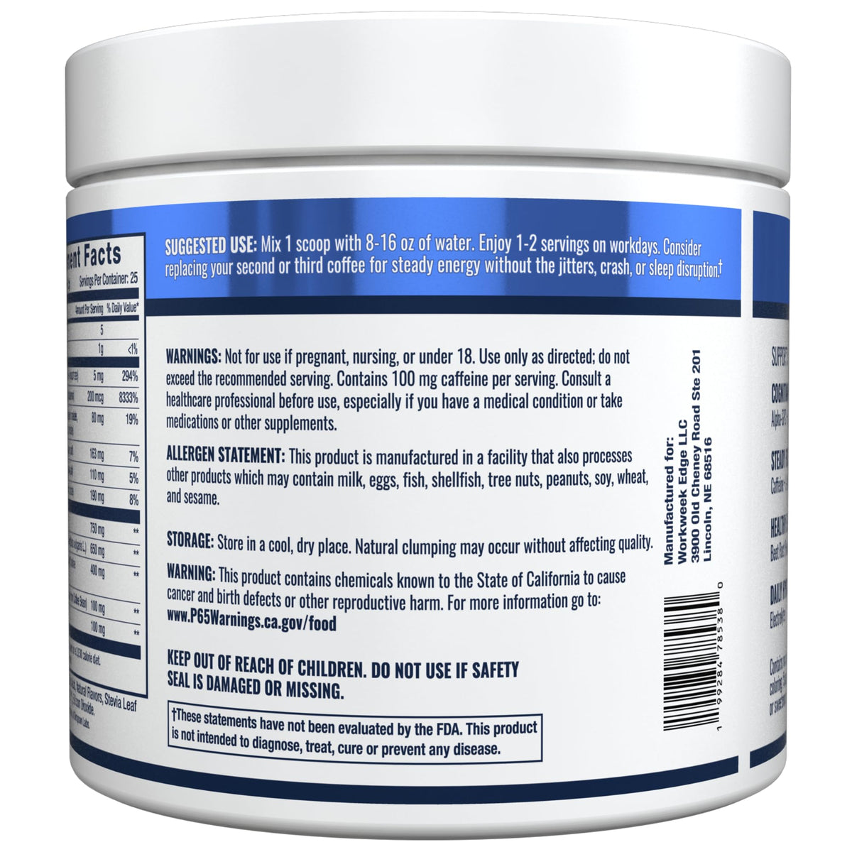 Workweek Edge Focus & Energy Drink Mix Powder – Zero Sugar, 100mg Caffeine + L-Theanine + L-Tyrosine Calm Nootropic Supplement for Steady Focus & Clean Energy – (25 Servings) Workweek Edge