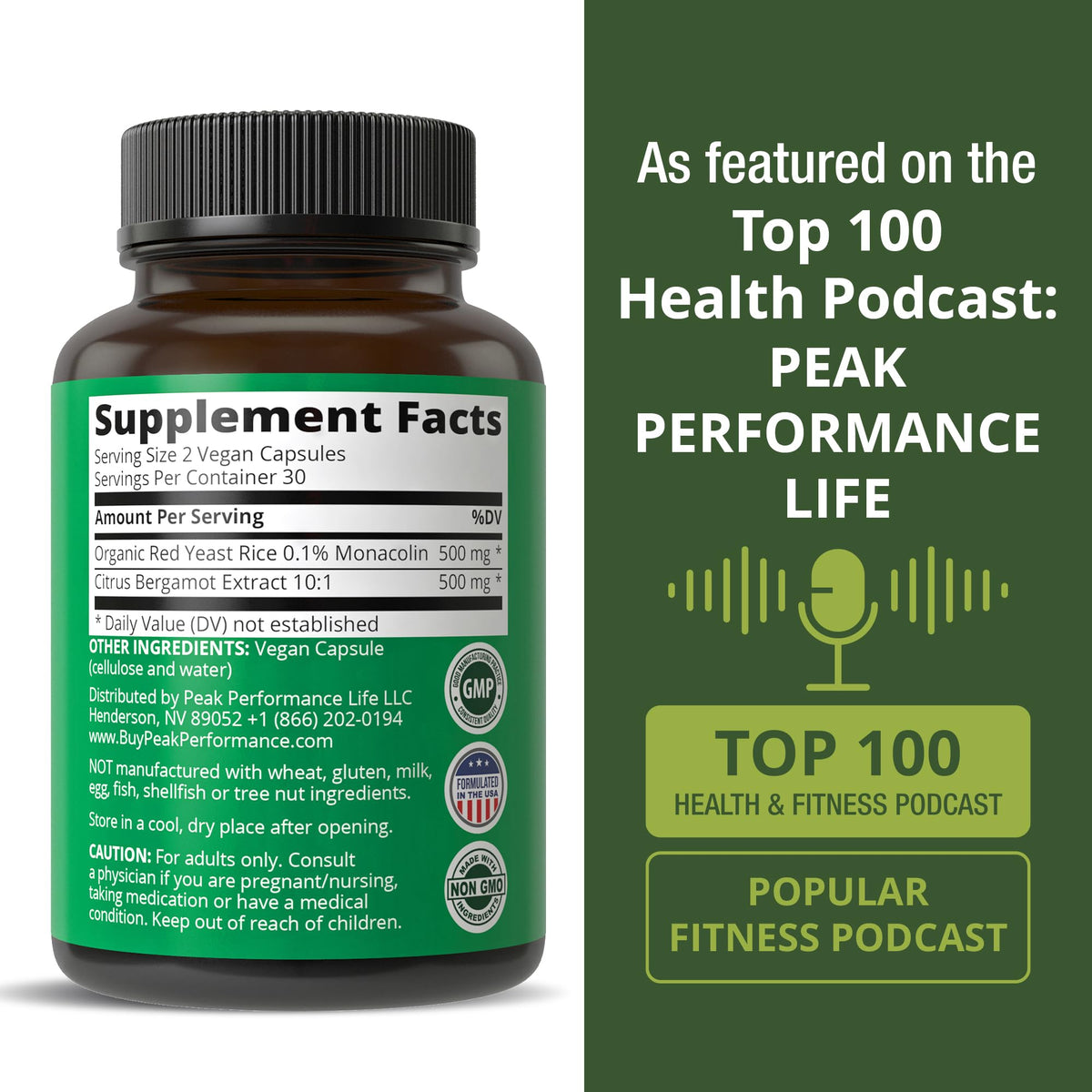 Peak Performance Citrus Bergamot + Red Yeast Rice. 2-in-1 Supplement. High Strength 10:1 Bergamot Extract. No Gluten, Zero Sugar, Vegan Capsules Peak Performance