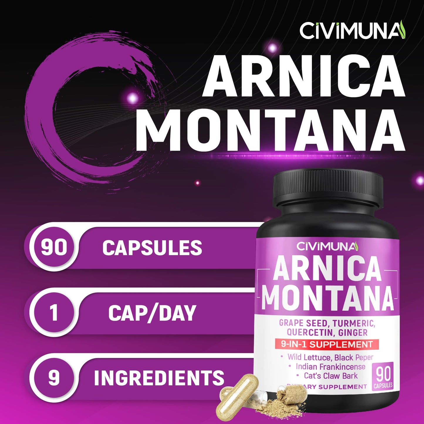 Arnica Capsules with Arnica, Grape Seed, Turmeric and More - 90 Capsules for 3 Months Supply CIVIMUNA
