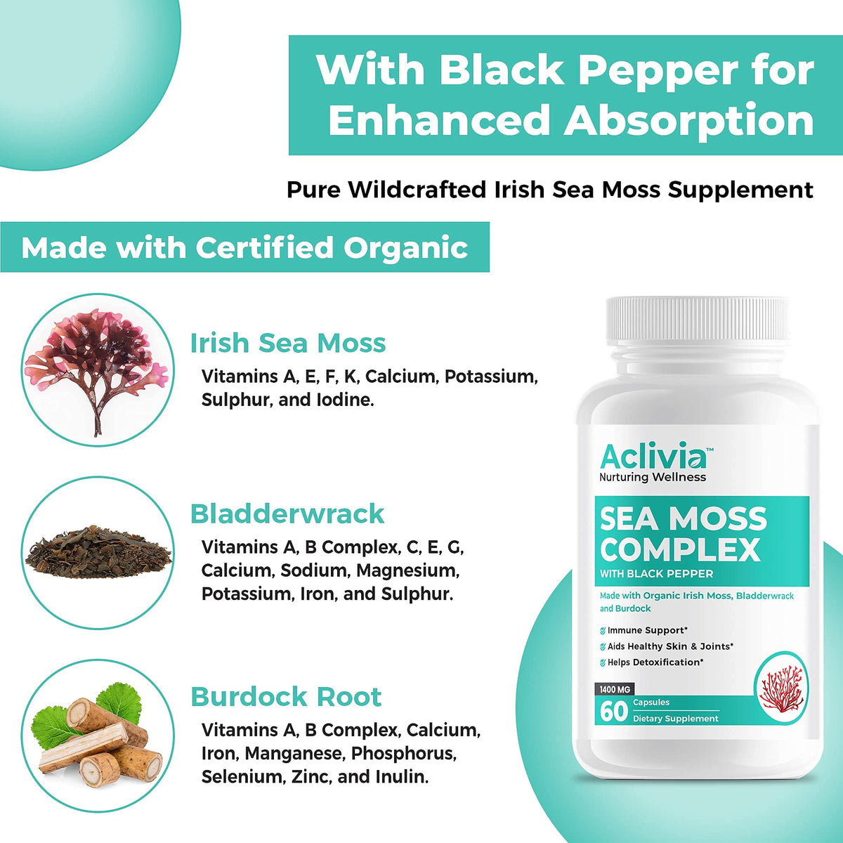 Aclivia - Organic Irish Sea Moss Capsules with Bladderwrack & Burdock Root - 102 Minerals Sea Moss Supplement - Thyroid Support, Immune Boost - Non-GMO (60 Count) Aclivia