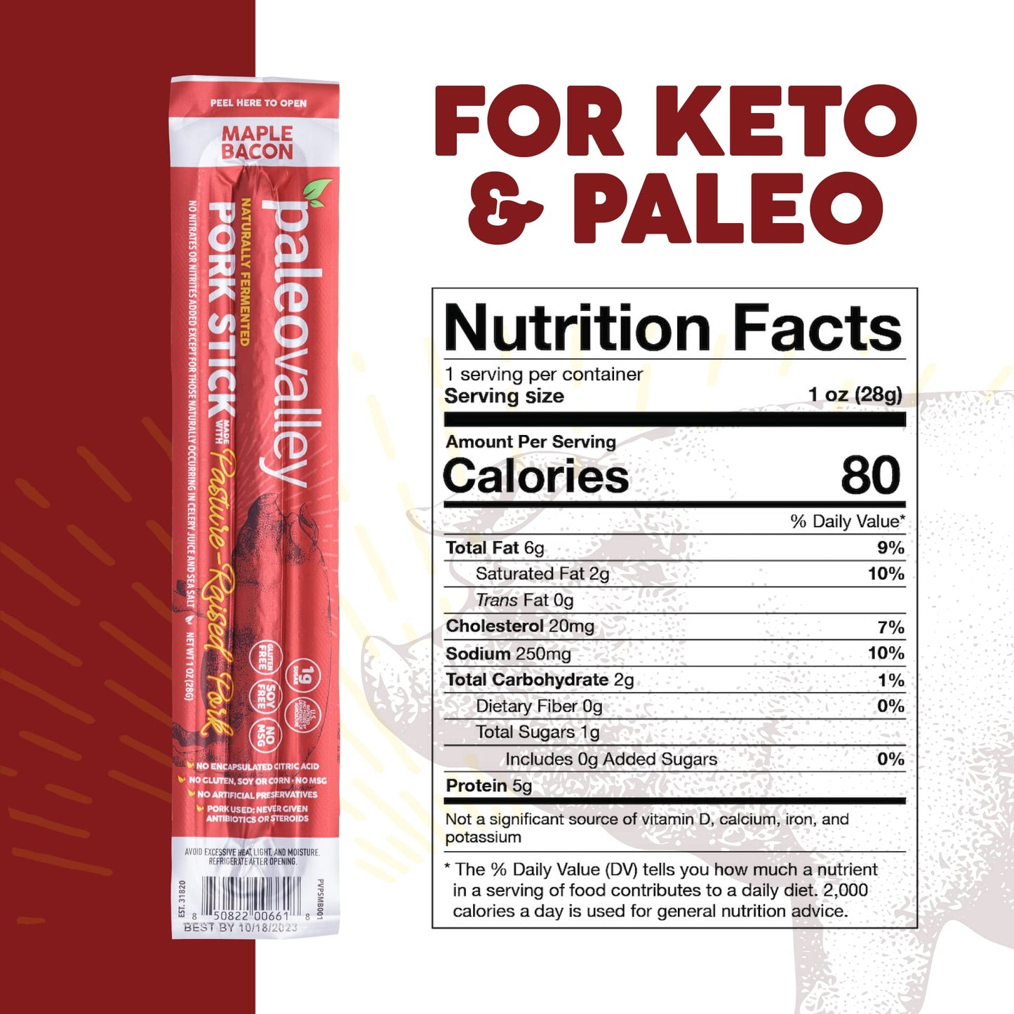 Paleovalley Pasture-Raised Pork Sticks - Maple Bacon Flavor Meat Sticks Individually Wrapped, 28g - 10 Sticks - Gluten-Free Protein Snack Paleovalley