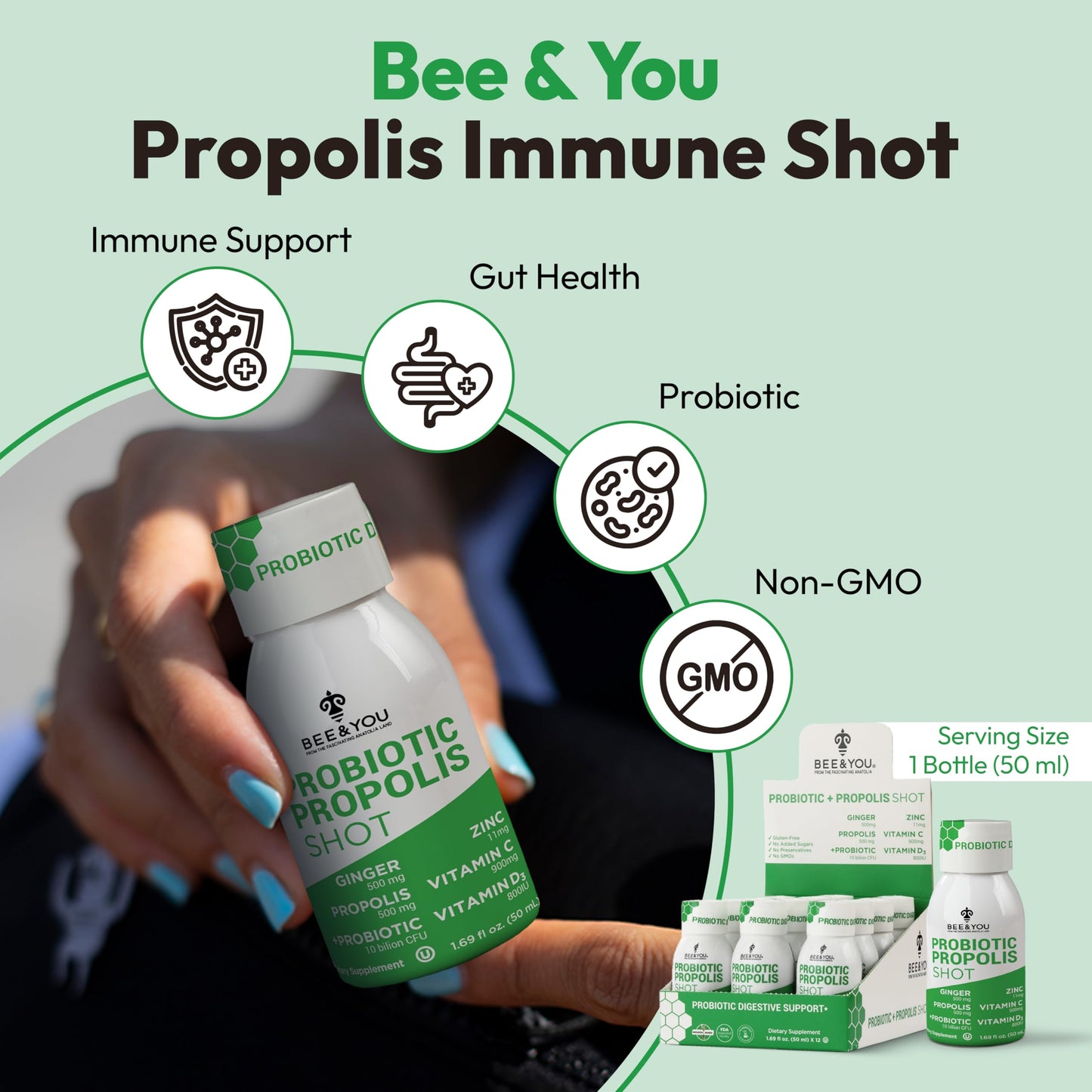 Bee and You Propolis Immune Shot, Probiotic, Vitamin C, Vitamin D3, Zinc, Ginger, Immune Support, Gut Health, Digestive Health, Bioactive 1.69 Fl. oz, 12 Pack BEE & YOU