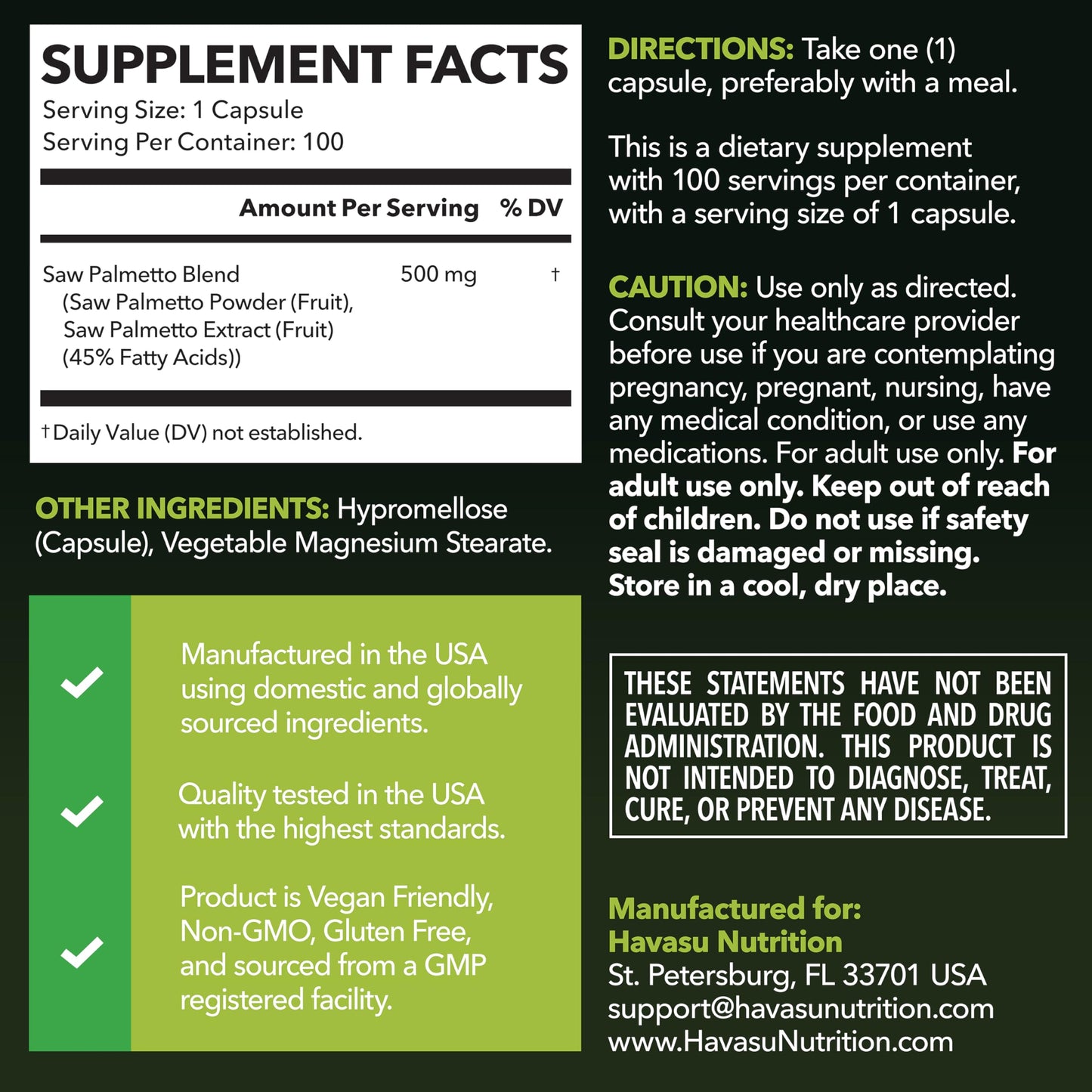 Saw Palmetto for Men Prostate Health Supplement to Promote Urinary Tract Function - 500mg Per Serving - 100 Count - DHT Blocker Hair Vitamin HAVASU NUTRITION