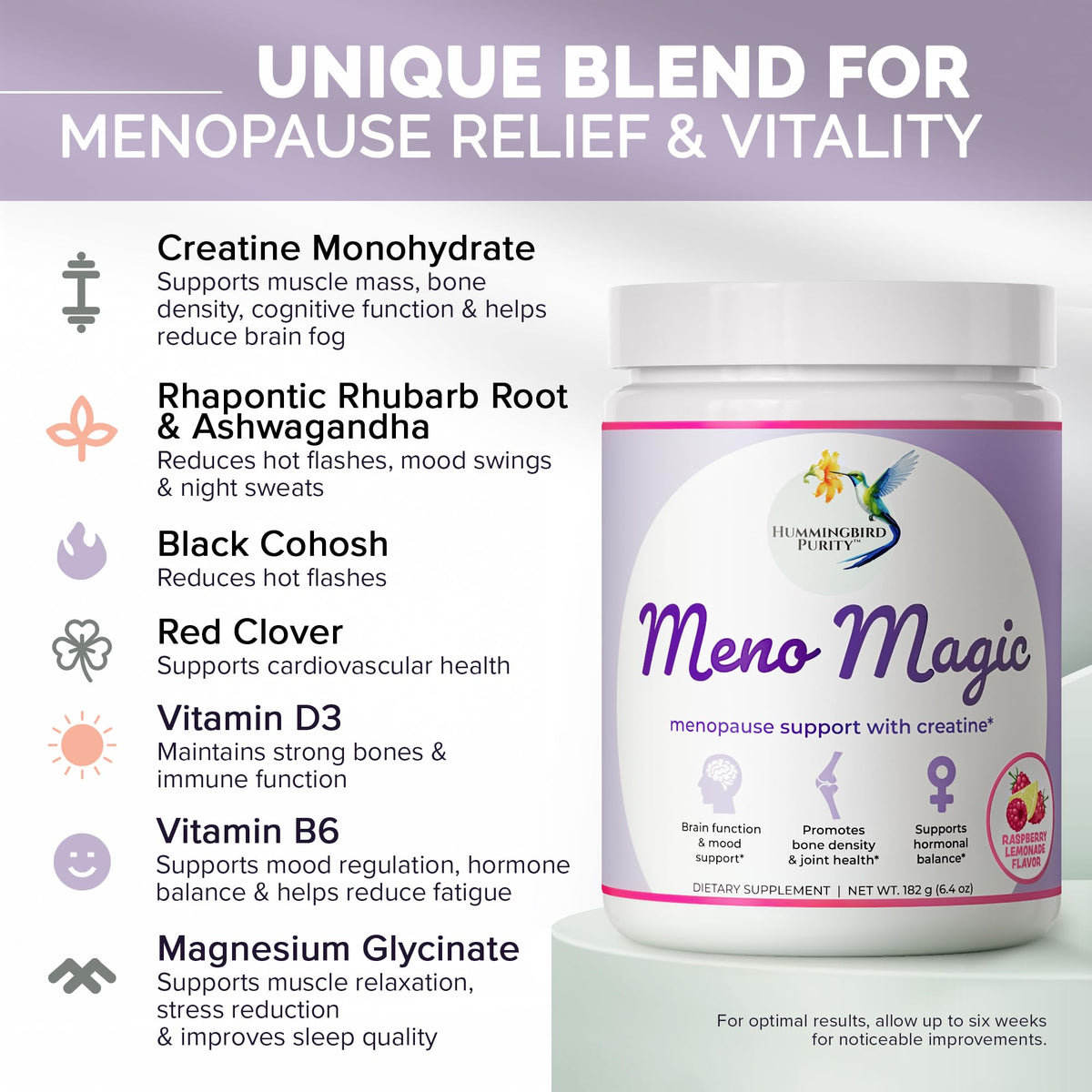 Meno Magic Menopause Support Drink – Raspberry Lemonade with Creatine, Herbs & Vitamins | 30 Servings Hummingbird Purity