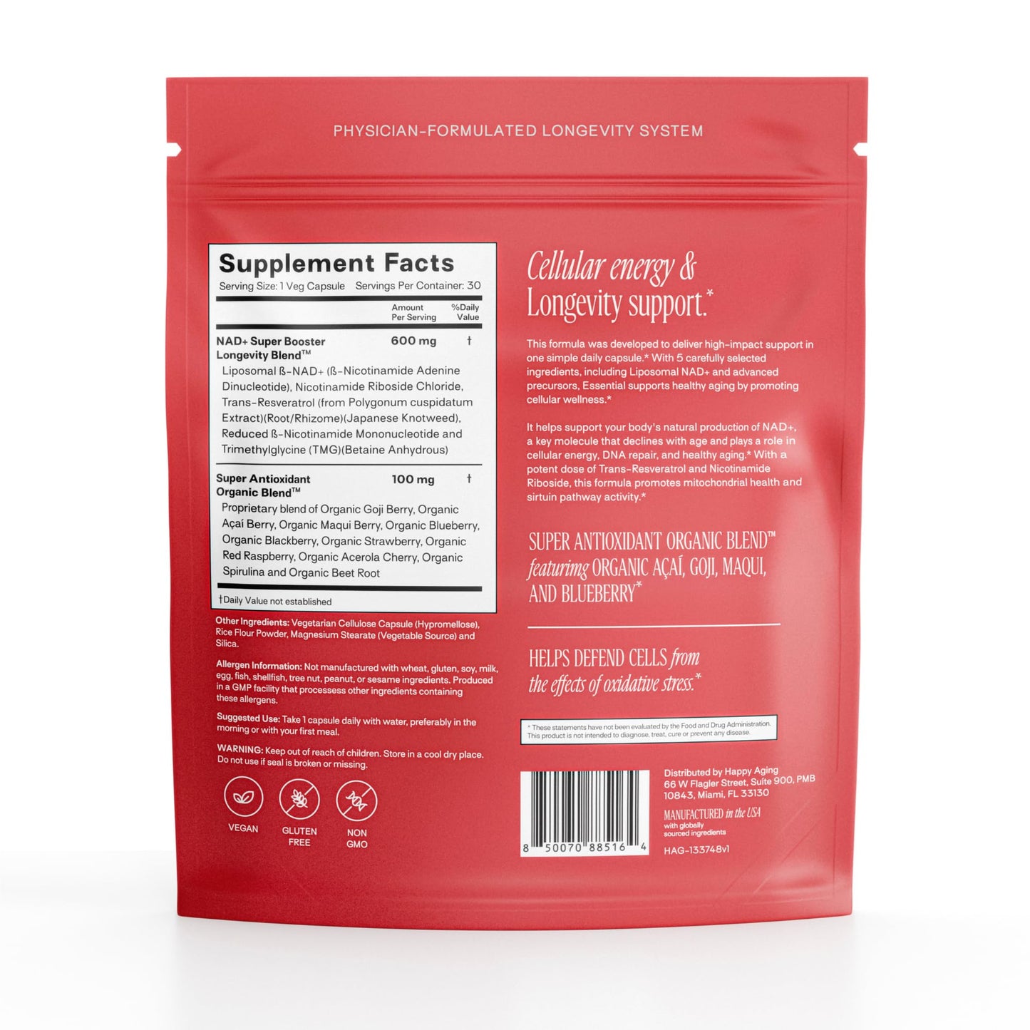 Happy Aging Essential Longevity Formula, NAD+ Super Booster with NR, NMNH & Liposomal β-NAD+, Organic Antioxidant Superfruit Blend for Cellular Energy, Skin Hydration & Daily Vitality, 30 Capsules Happy Aging