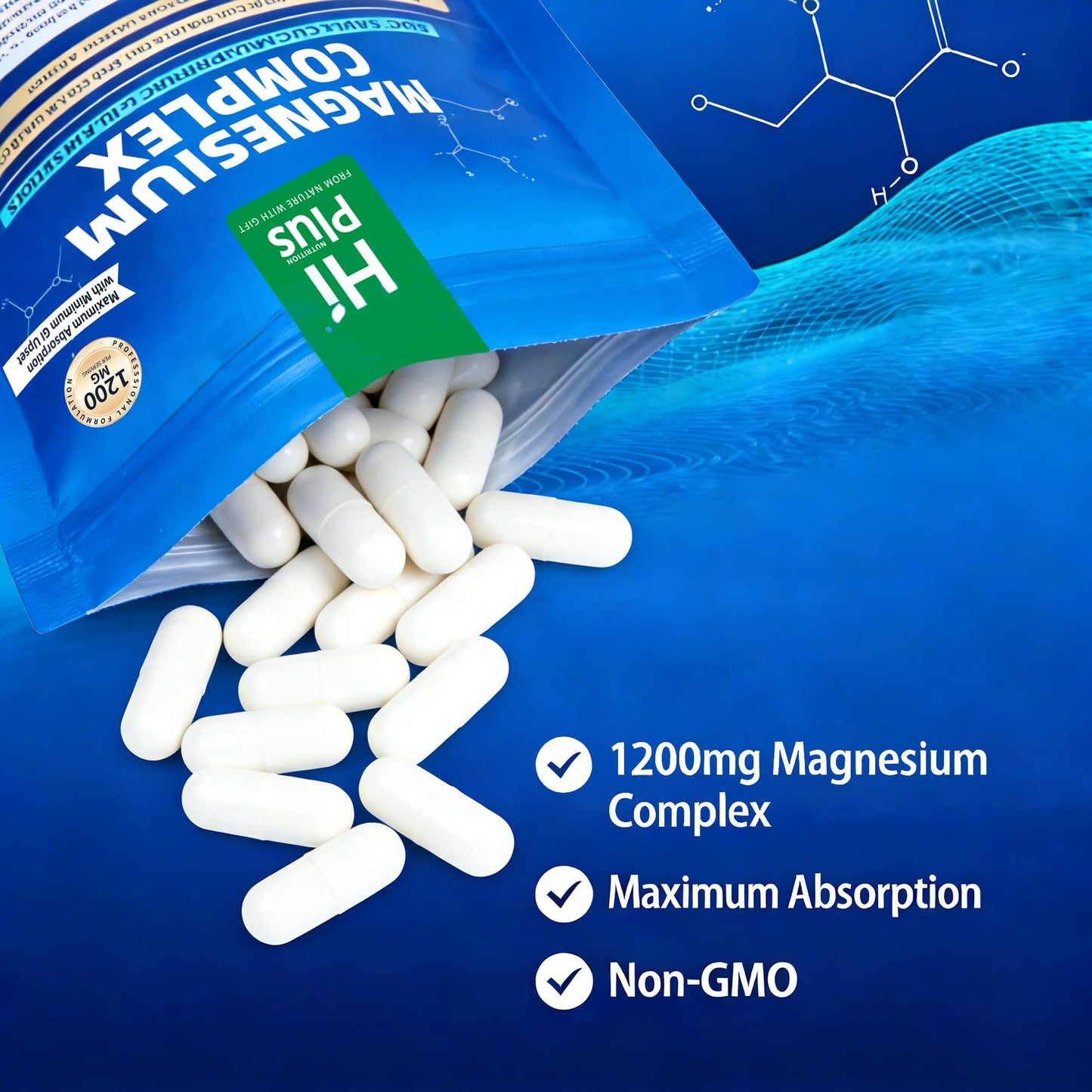 Magnesium Complex Supplement with 10 Forms of Elemental Magnesium, 1200 mg per Serving, Magnesium Glycinate, Citrate, Malate & Taurate, High Absorption Vegan Capsules, Non-GMO HiPlus