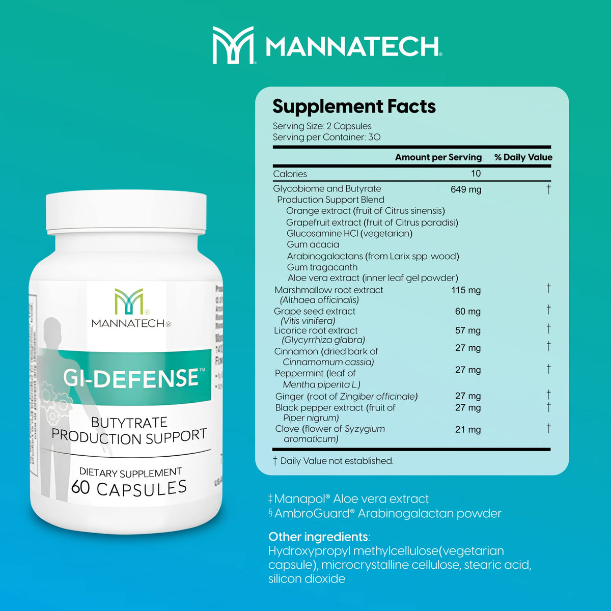 Mannatech Butyrate Supplement - Supports Gut Barrier Function, Intestinal Health, and Digestive Comfort - Promotes Short Chain Fatty Acid Production, Immune Support Supplement GI-Defense 60 Capsules Mannatech