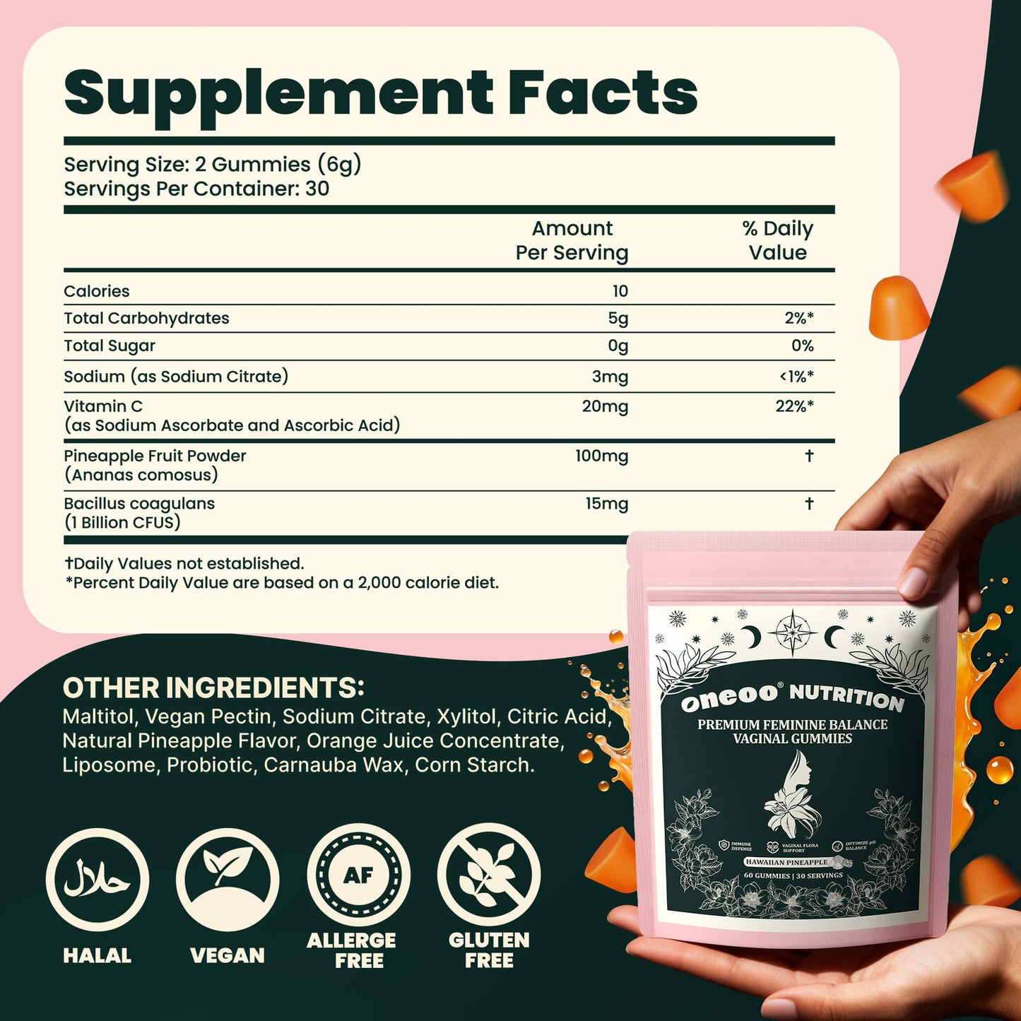 Oneoo Feminine Balance Gummies - Premium Balance Gummies for Women's pH Health, Feminine Gummy for Immune & Energy Support, Vegan, Gluten-Free, Hawaiian Pineapple, 60 Count Oneoo