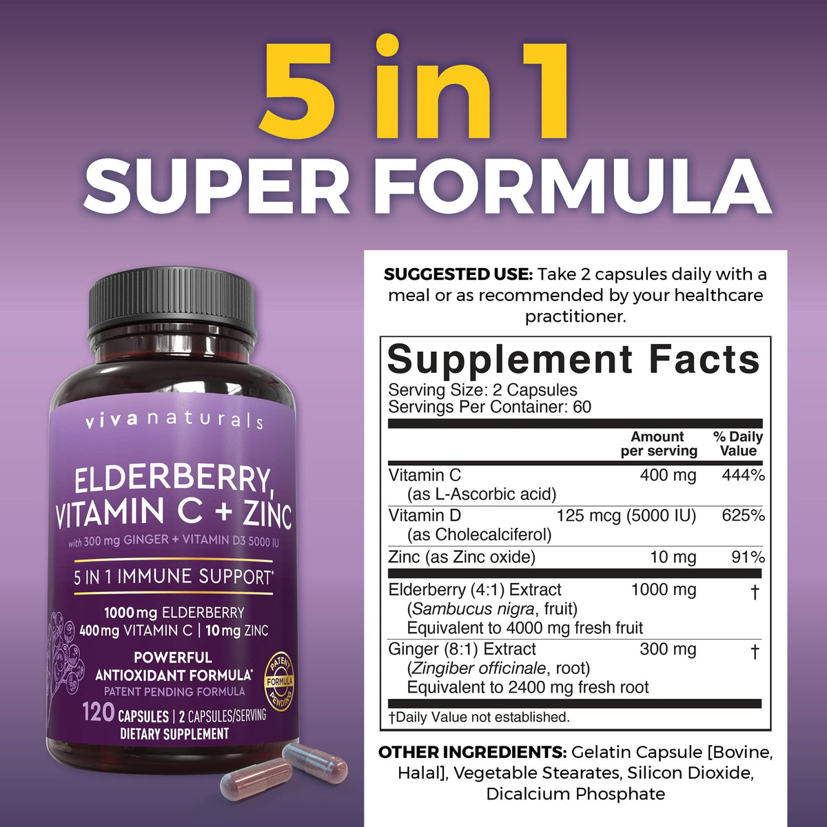 Viva Naturals Elderberry with Vitamin C and Zinc for Adults - 5 in 1 Sambucus Black Elderberry Capsules with Vitamin D3 5000 IU Immunity Supplement Viva Naturals