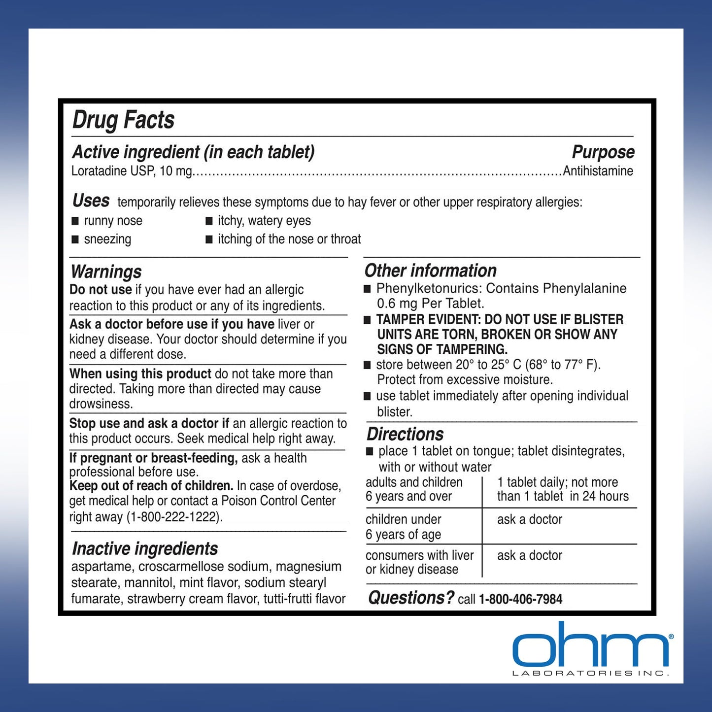 Ohm Allergy Pills - Loratadine Allergy 24 Hour Non Drowsy Relief for Seasonal Allergies, Sneezing - Loratadine 10 mg Antihistamine for Effective Non-Drowsy 24-Hour Symptom Relief - 100 Count Ohm
