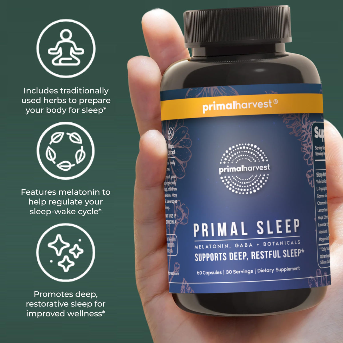 Primal Harvest Primal Sleep Support Supplement for Adults with Melatonin, GABA, Valerian Root, L-Tryptophan, Magnesium Bisglycinate Chelate Primal Harvest