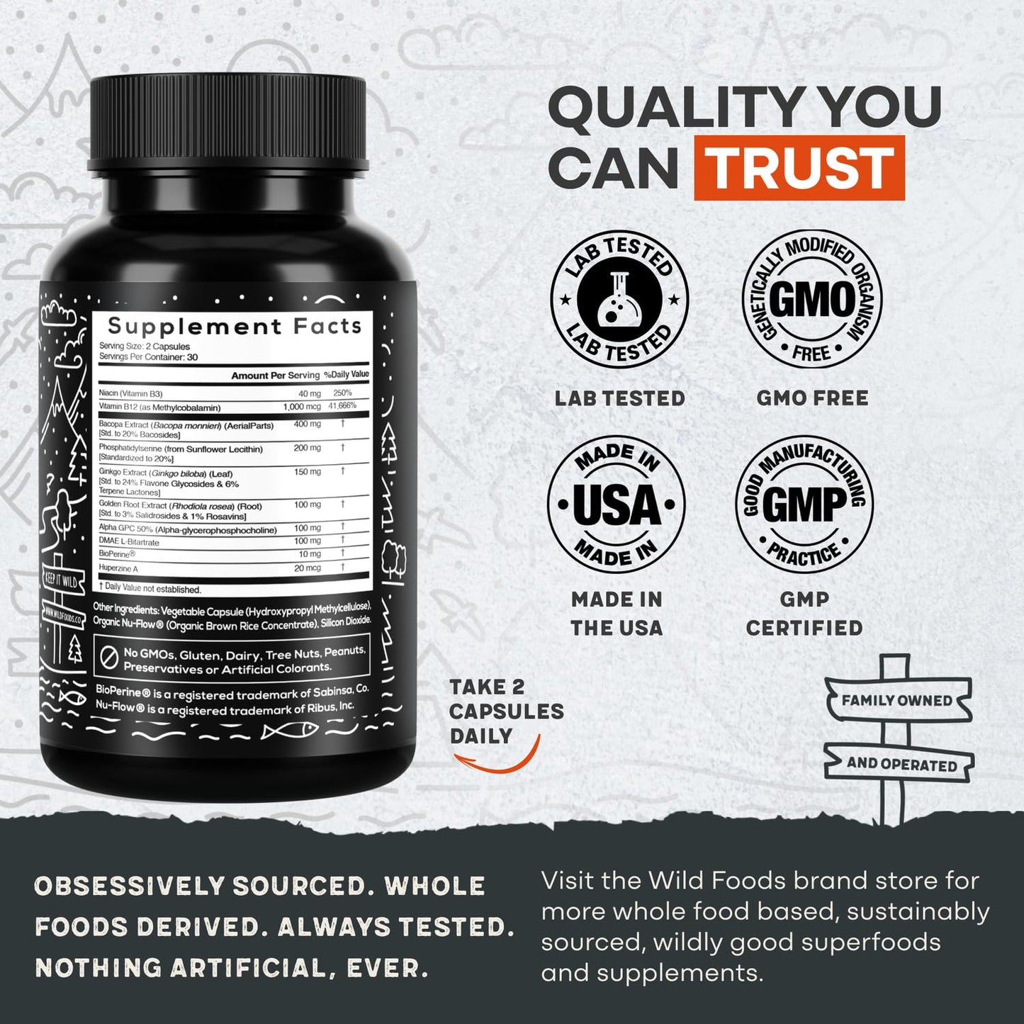 Wild Focus Brain Supplements | Caffeine-Free, Plant-Based Botanicals | Lions Mane, Ginkgo Biloba, Bacopa Monnieri, Lemon Balm | 100% Natural Nootropic | 60 caps Wild Foods