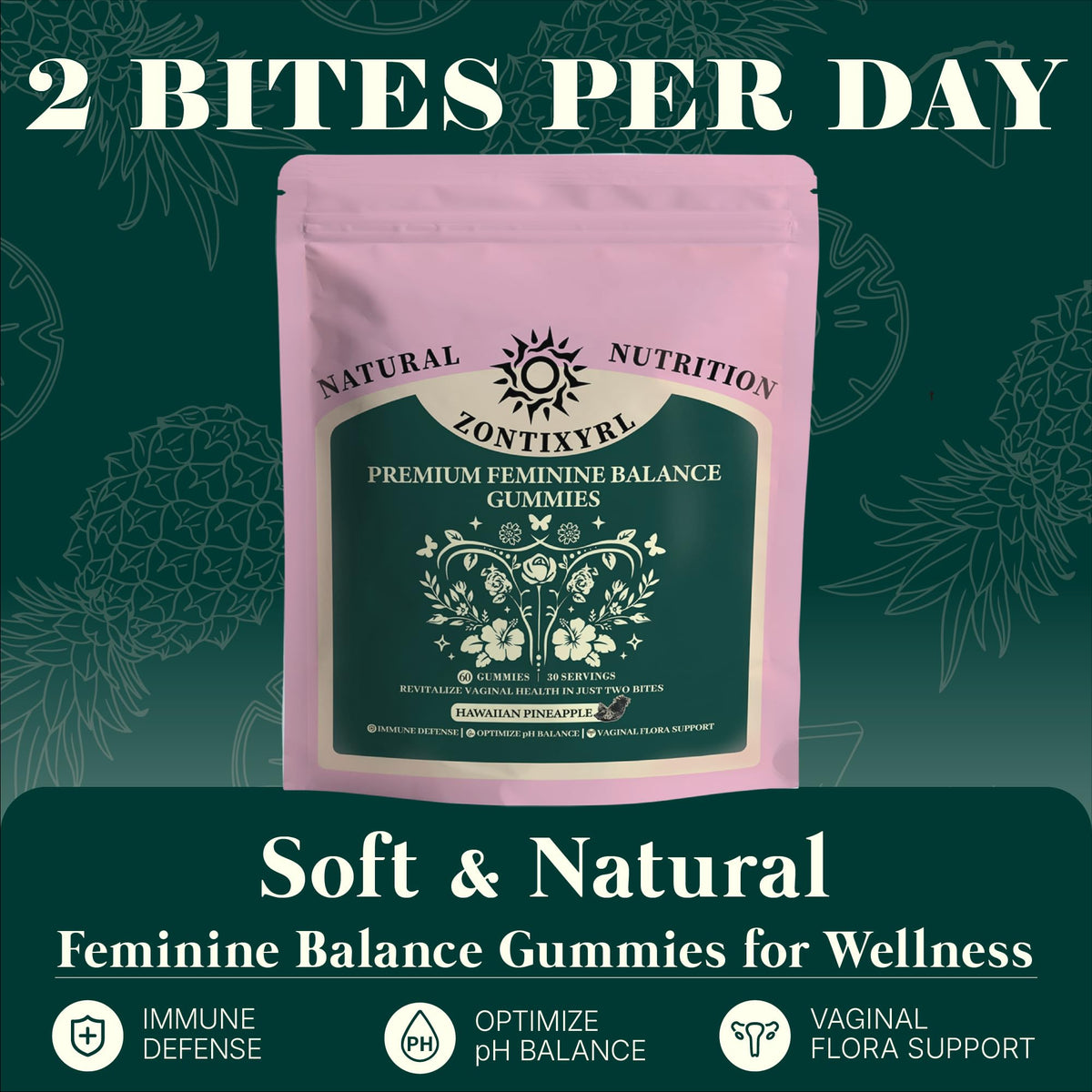 Zontixyrl Premium Feminine Balance Gummies Women - Pineapple Gummies for Women pH Probiotic and Immune Support Vegan Gluten Free 60 Gummies 30 Servings Zontixyrl