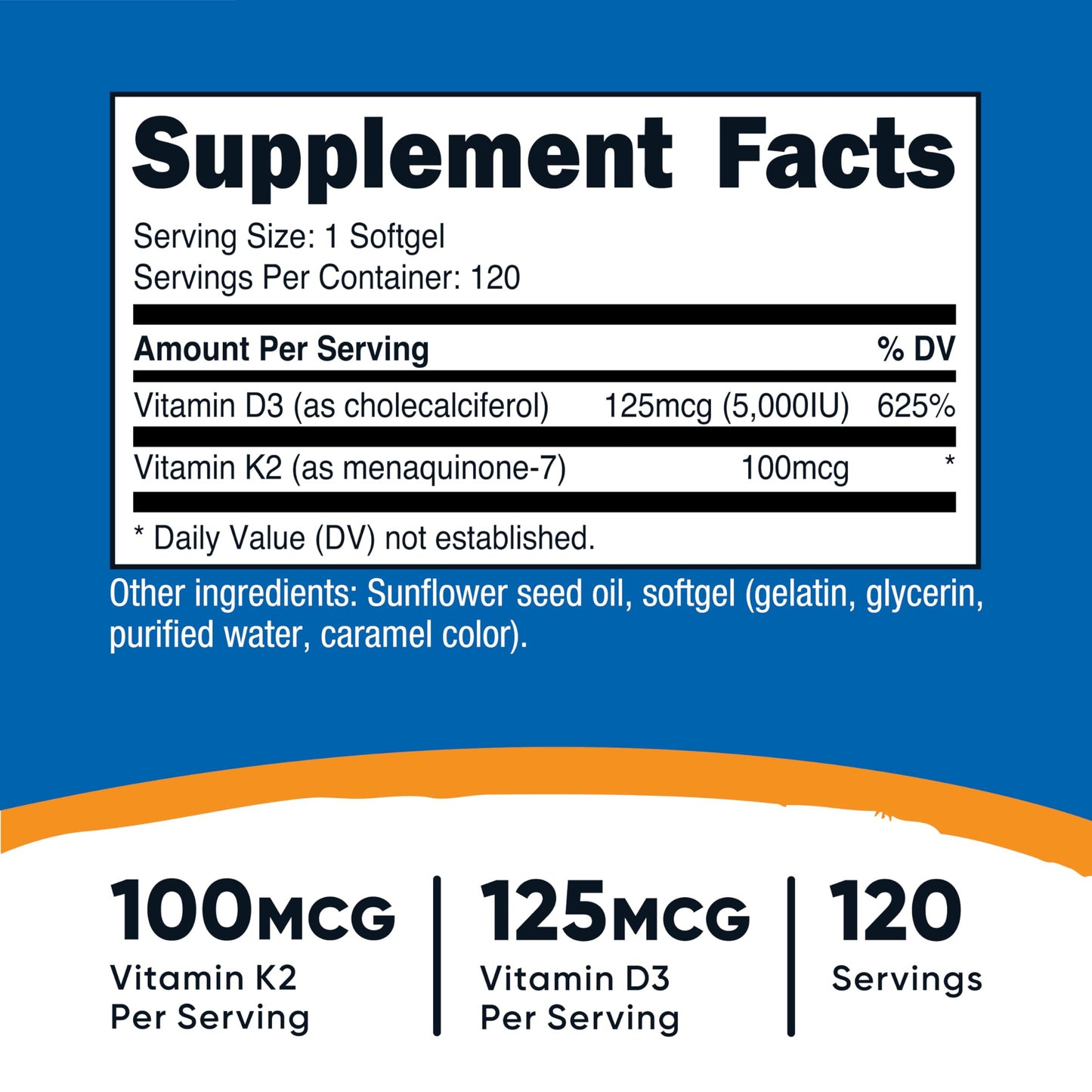 Nutricost Vitamin D3 + K2 (5000 IU D3 / 100mcg MK7), 120 Softgels – Gluten-Free & Non-GMO Nutricost