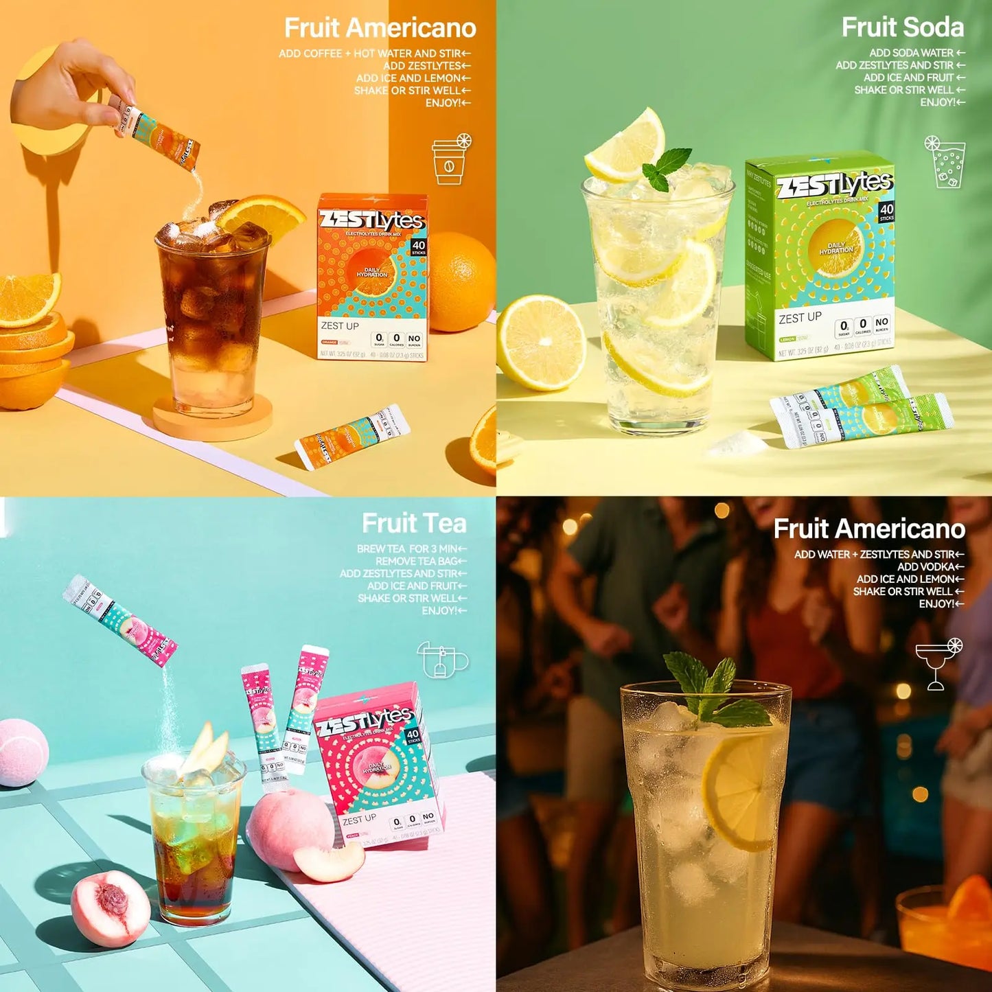 ZestLytes 40 Sticks Low Sodium Sugar Free & 0 Calorie Electrolyte Hydration Packets, Lightly Sweet Electrolyte Powder Drink Mix, Liquid Daily IV Flavors | Lemon Orange Peach Grapefruit ZestLytes