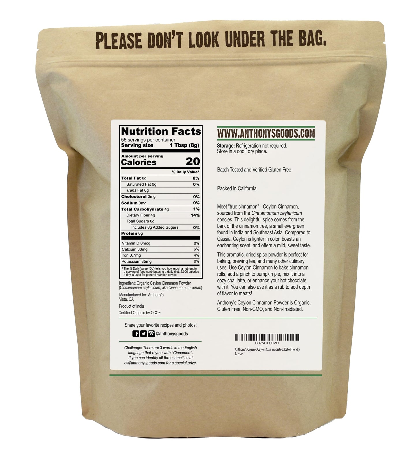 Anthony's Organic Ceylon Cinnamon Powder, 1 lb, Ground, Gluten Free, Non Irradiated, Non GMO, Keto Friendly Anthony's