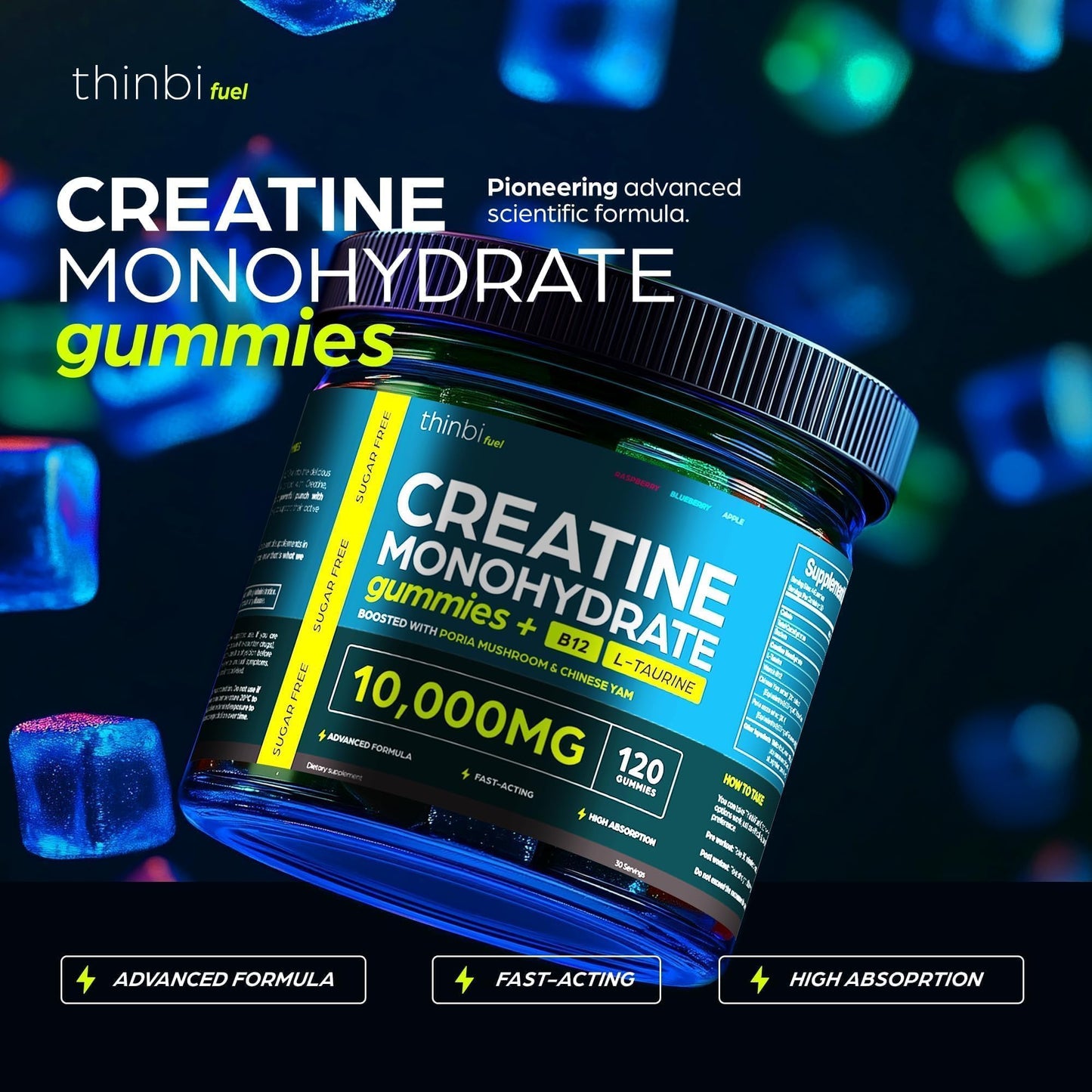 Creatine Gummies Monohydrate Complex 10,000mg for Men & Women -120 Gummies Advanced Formula W/L-Taurine + Vitamin B12 for Muscle Strength, Muscle Builder, Energy Boost, Pre-Workout Supplement -Thinbi Thinbi