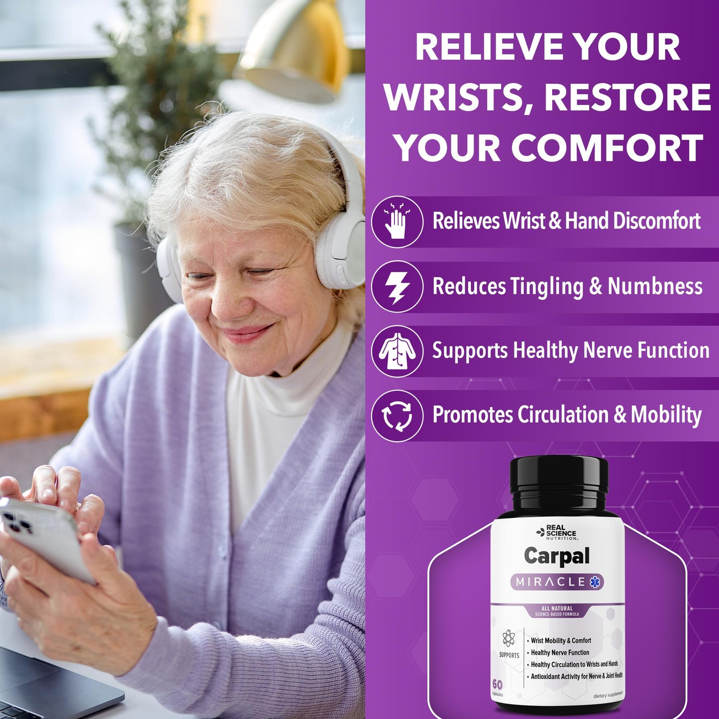 Real Science Carpal Miracle – All Natural Carpal Tunnel Relief & Wrist Support Supplement with Vitamins B6, B12, C, D, K + GABA – Hand & Nerve Comfort – Made in USA, 60 Caps Real Science Nutrition