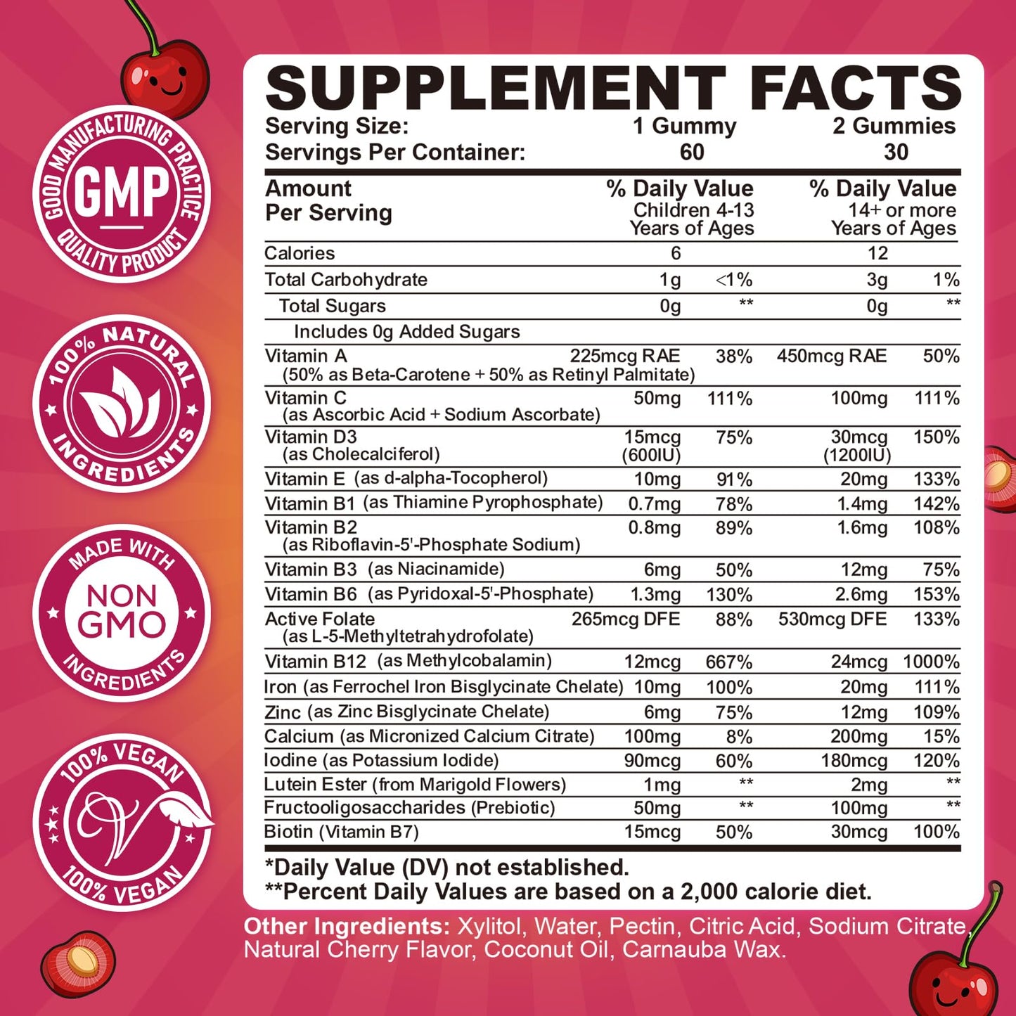 Iron Gummies for Kids & Teens, Kids Multivitamin with Iron Supplement, Calcium, Folate, Zinc, Prebiotic - for Blood Builder & Energy Support, Iron Deficiency - Vegan & Non-GMO - 60 Count Cherry CFILIHTC