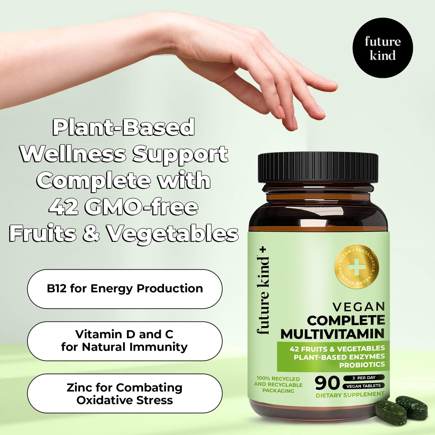 Future Kind Vegan Multivitamins Complete - 42-in-1 Vegan Multivitamins for Women & Men with Enzymes, B12, Zinc, & Probiotics for Digestion Future Kind