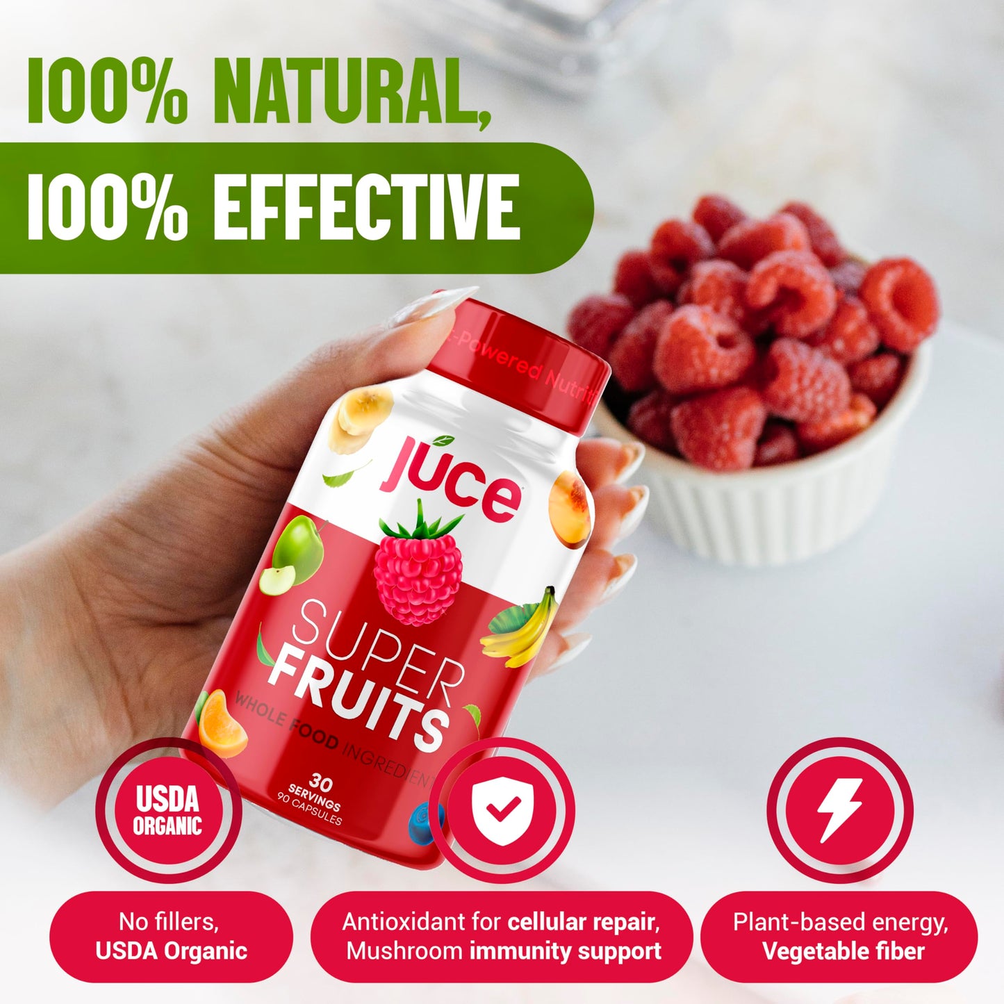 Juce Original Formula - Organic Super Fruit & Veggies Supplement - Gluten/Gelatin Free, Soy Free & Vegan- Reds & Greens Superfood Capsules- 23 Fruits & 23 Vegetables (180 Count)- By Terra Kai Organics Terra Kai Organics