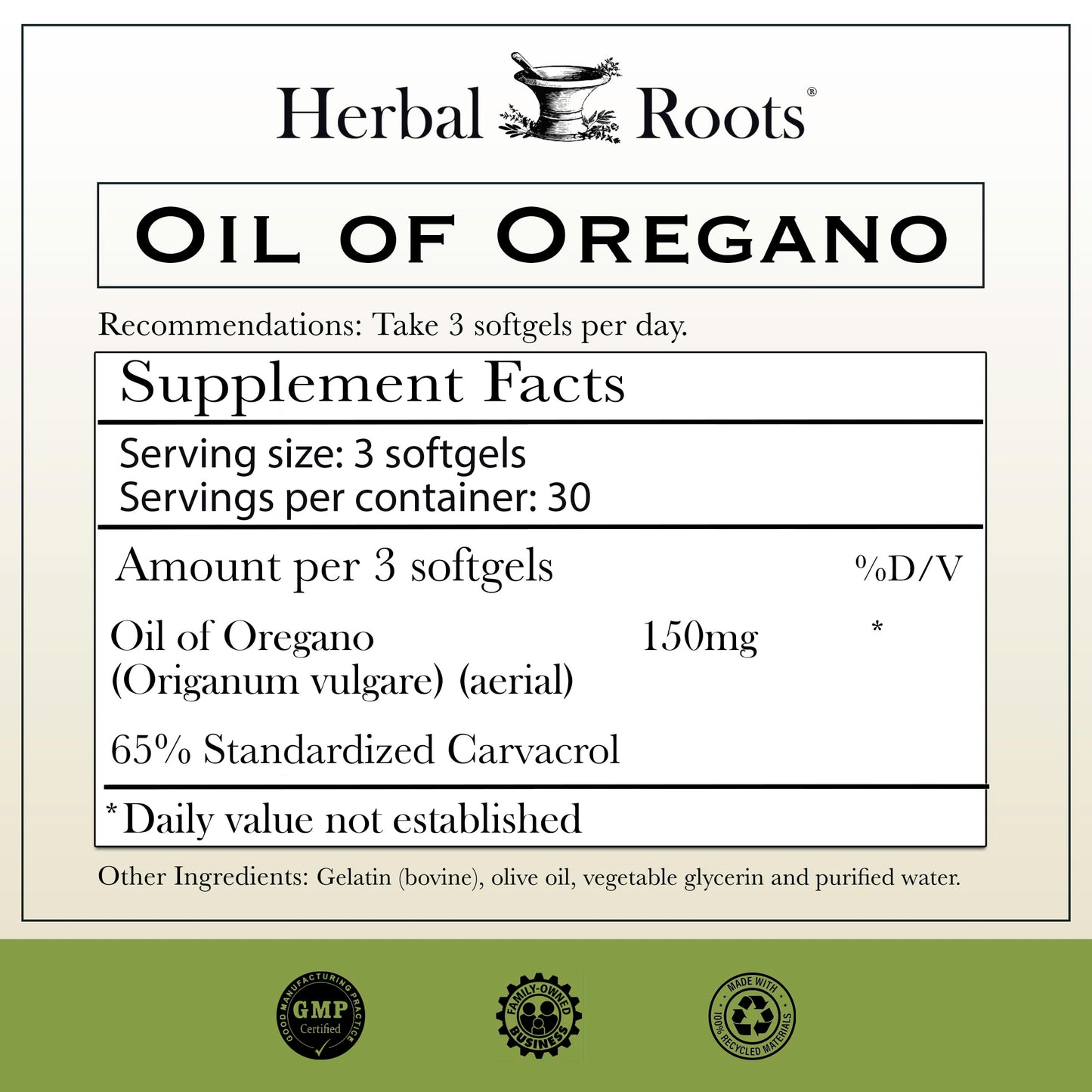 Herbal Roots Oil of Oregano - Made from Mediterranean Oregano Oil - 90 Easy to Swallow Softgel Capsules - Extra Strength 150mg Herbal Roots